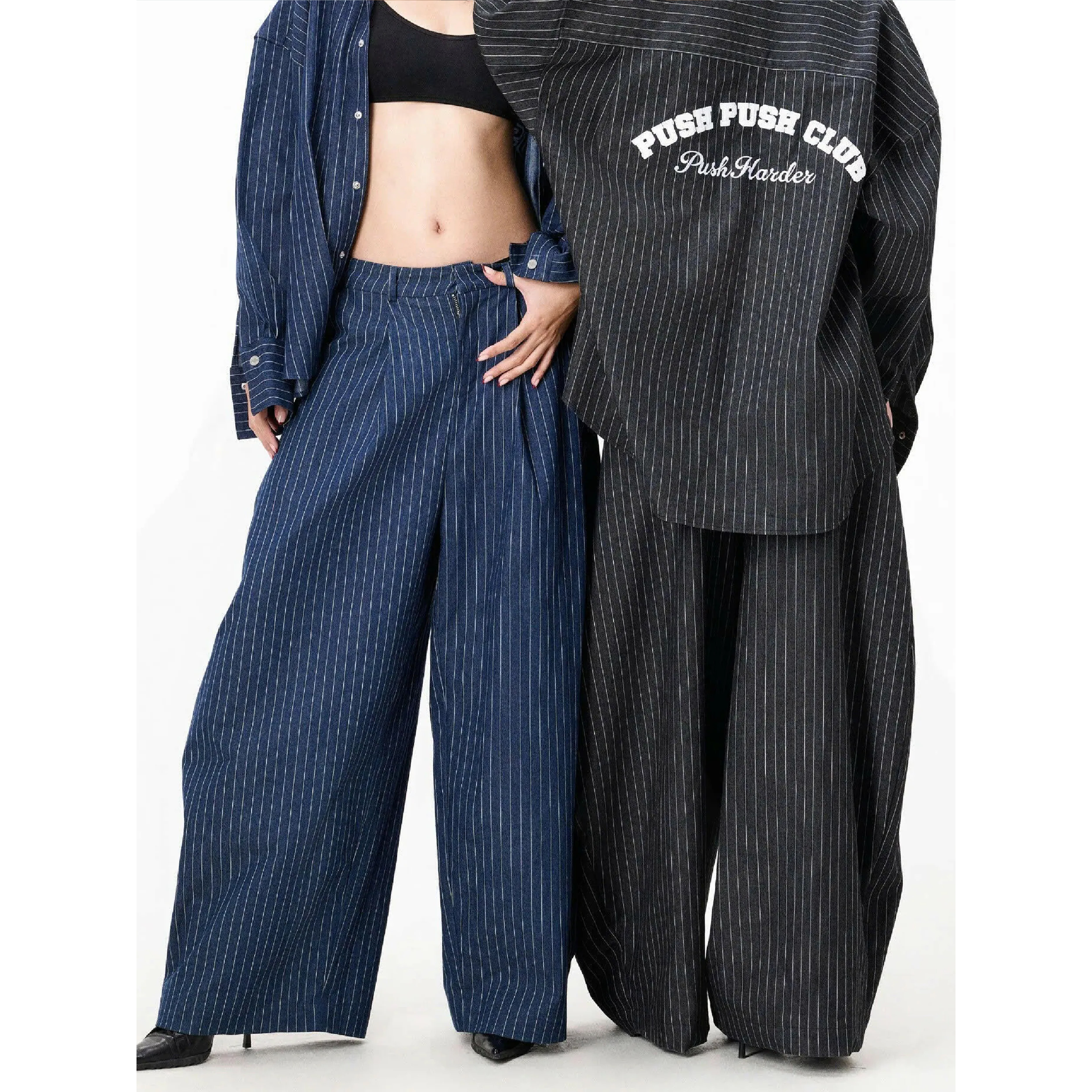 PUSH PUSH PP Stripes Pants 水洗牛仔 條紋 闊腿長褲