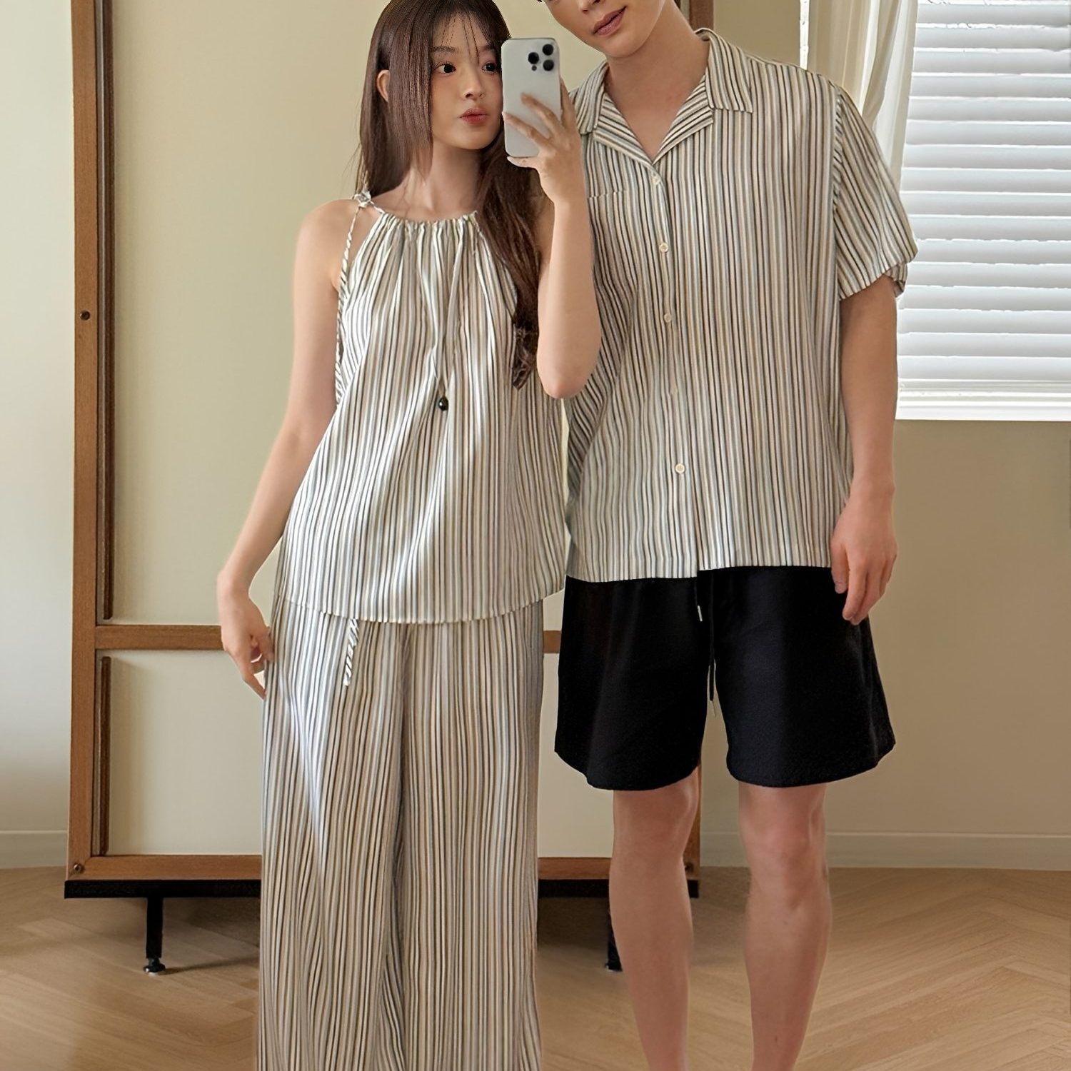 夏日直條紋情侶套裝｜男襯衫 女兩件式 韓系度假風情侶穿搭
