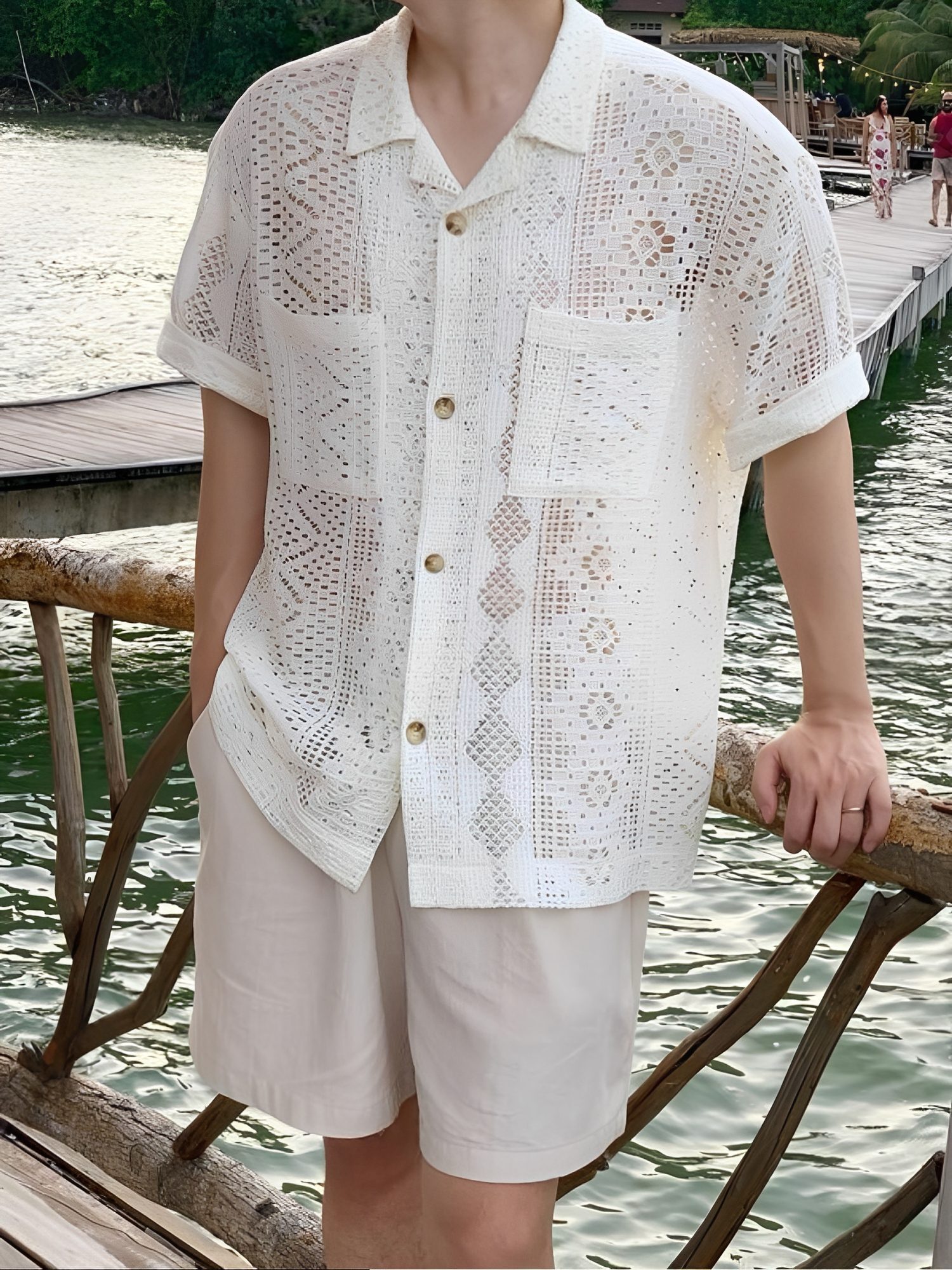 男款鏤空襯衫正面全身版型 THankus