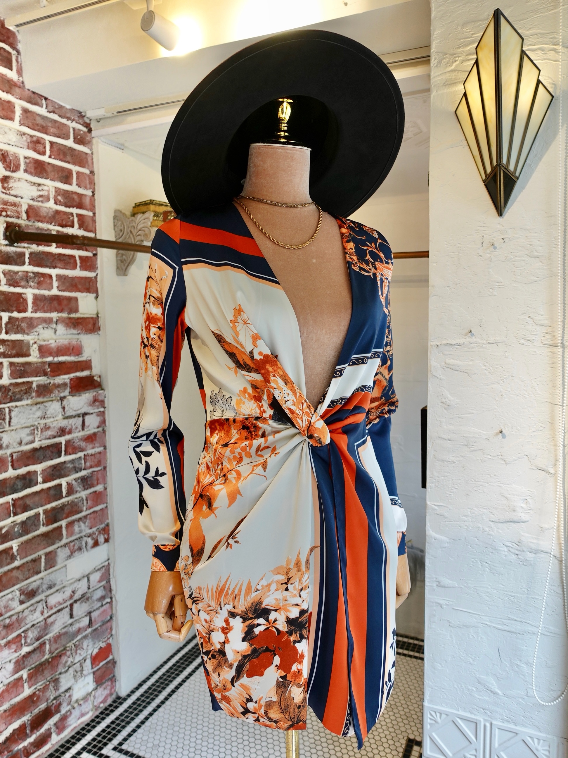 Royal Navy藍色緞面印花深V領扭結Dress