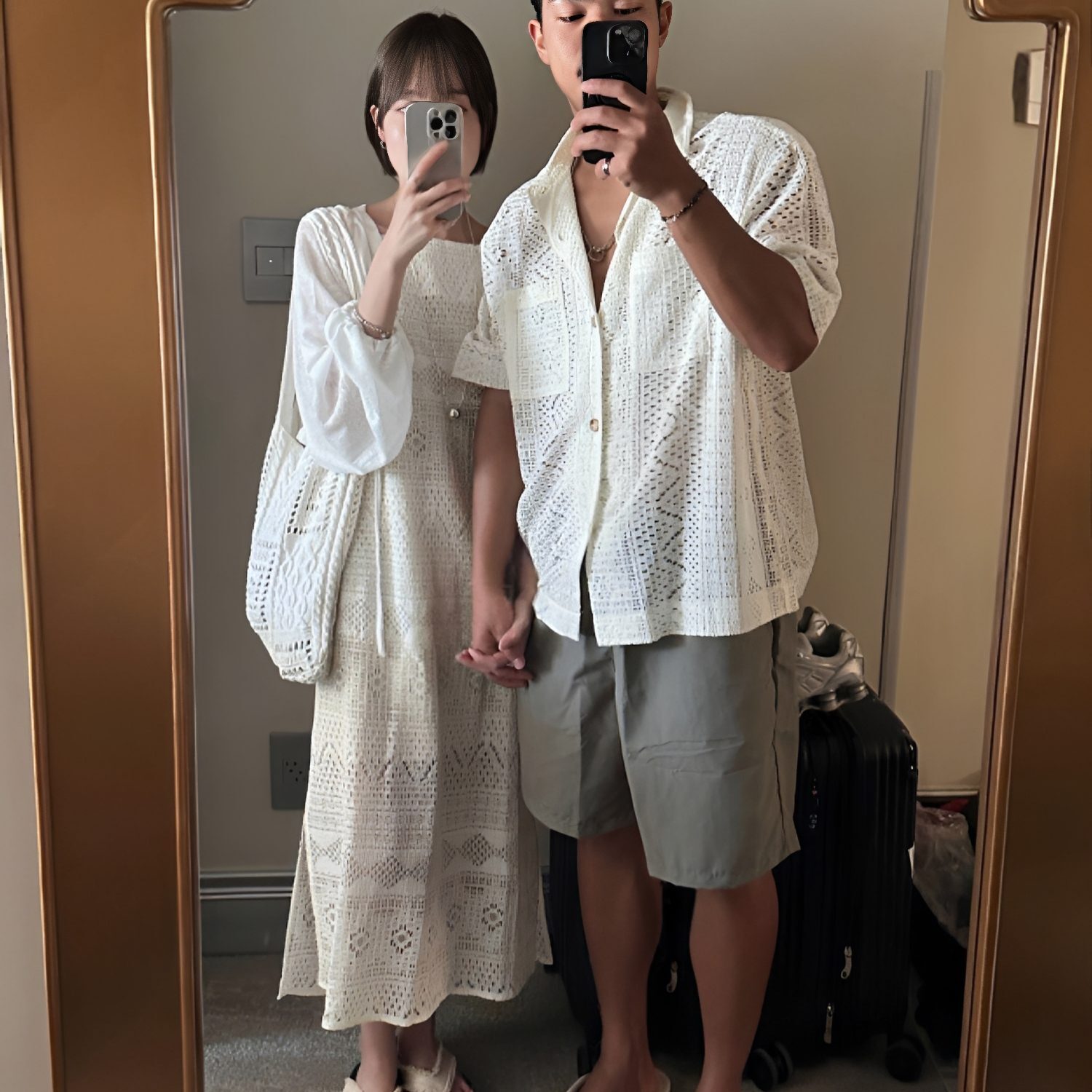 鏤空花紋情侶裝｜韓系男襯衫女洋裝夏日情侶穿搭