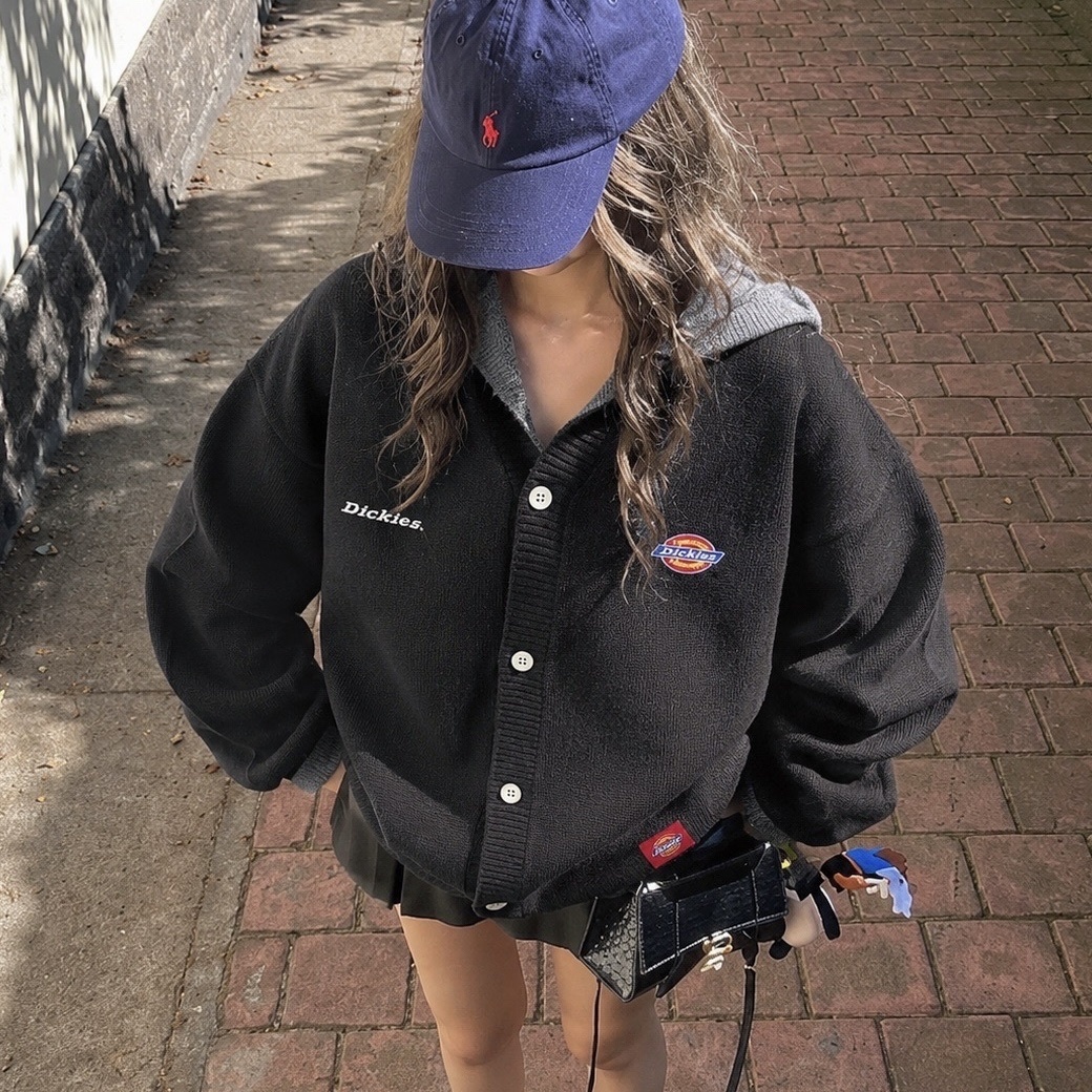（預購）Dickies 秋冬 logo針織連帽外套 拼接 撞色 慵懶 排扣 男女
