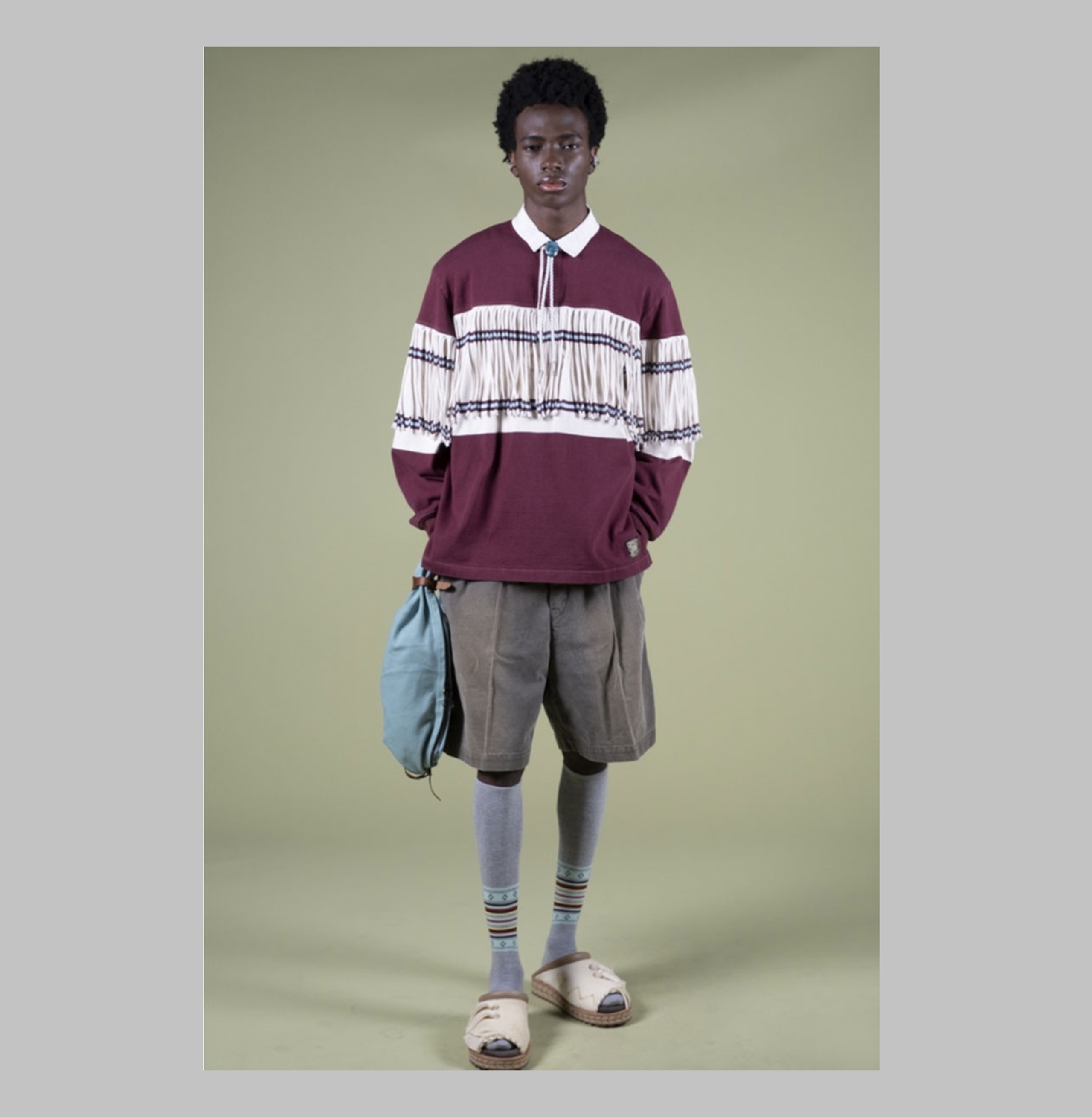 KAPITAL 2026 16/ Panel Border Jersey FRINGE RUGBY SHIRT - BURGUNDY PRE ORDER ITEM (預訂中)