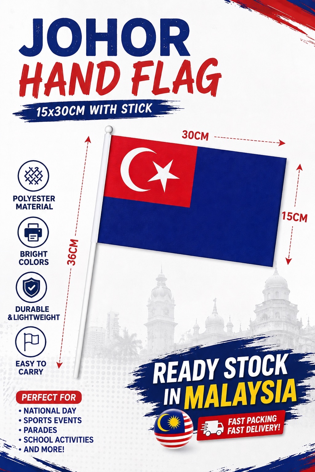 Johor Hand Flag 15x30cm with Stick | Bendera Tangan Johor | Polyester | Ready Stock Malaysia