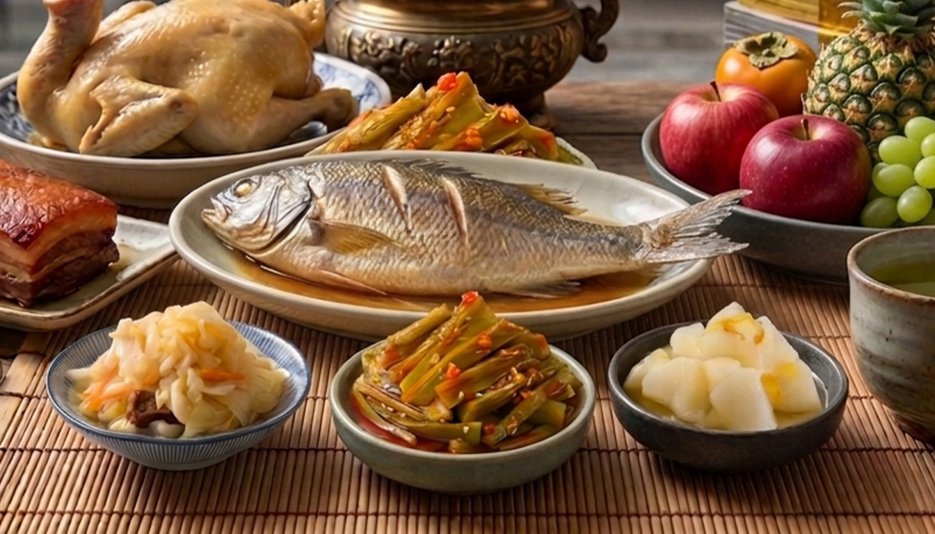 中元節供桌擺放協發行泡菜的台式糖醋泡菜、蘿大柚與偷心貢菜