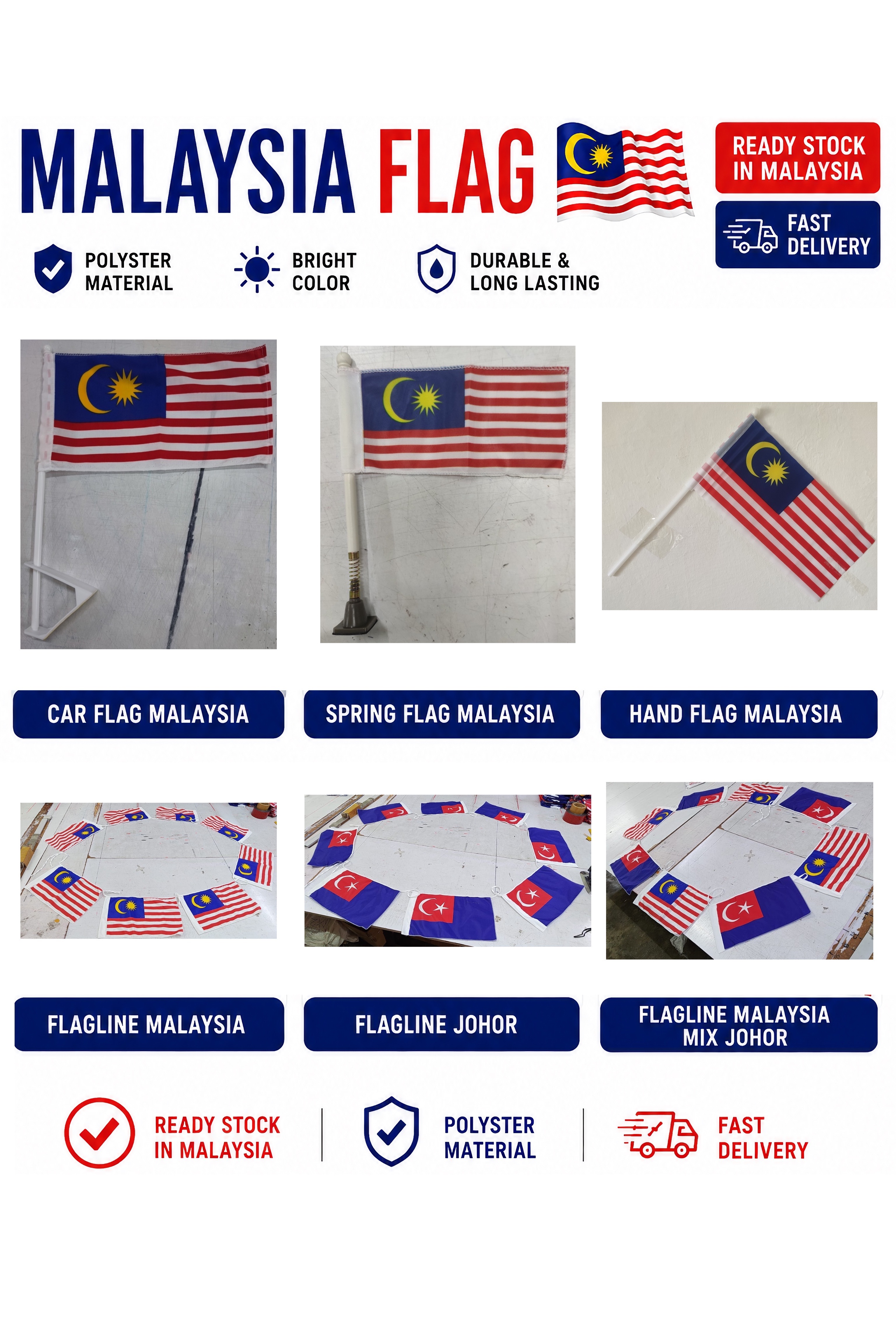 Malaysia Flag Car Flag / Spring Flag / Hand Flag / Flagline 🇲🇾 | Malaysia & Johor | Polyester | Ready Stock