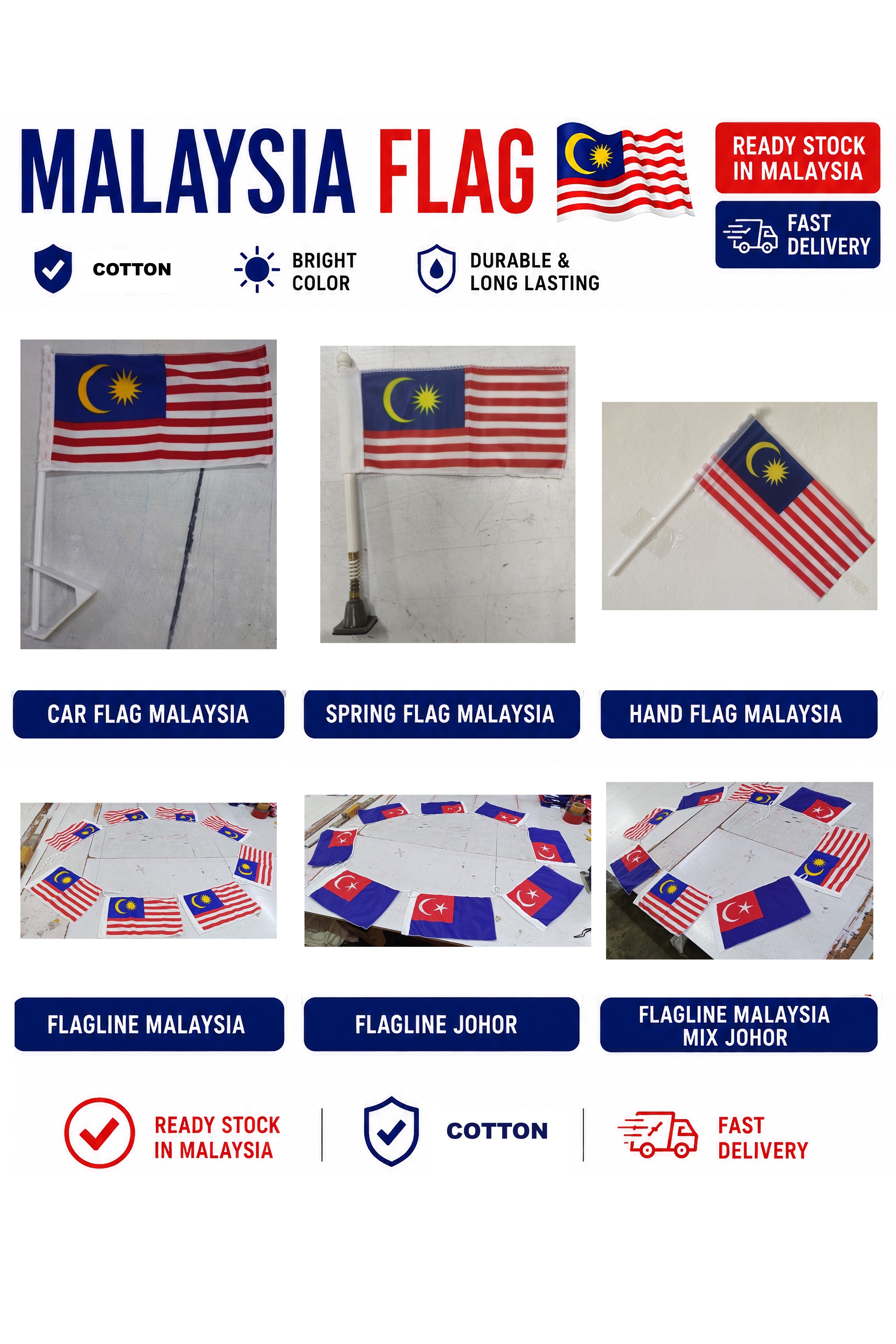 (Cotton) Malaysia Flag Car Flag / Spring Flag / Hand Flag / Flagline 🇲🇾 | Malaysia & Johor | Polyester | Ready Stock