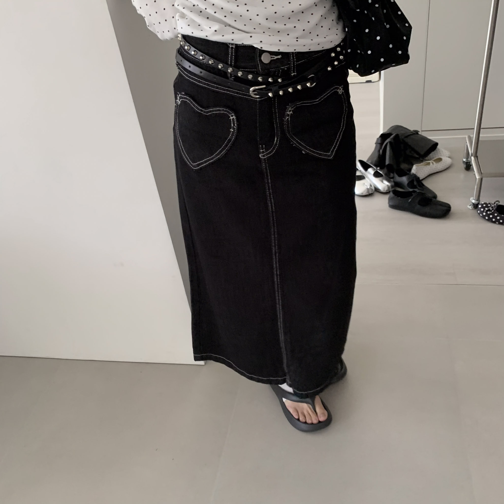 ISA_對等的浪漫 前後雙愛心口袋原色牛仔長裙_65053