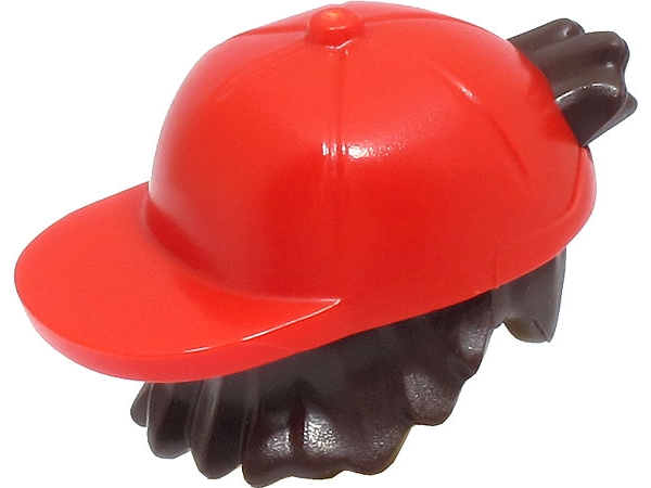65730pb02 Minifigure, Hair Combo, Hair with Hat, Short Tousled Hair with Molded Red Cap, Short Curved Bill Pattern