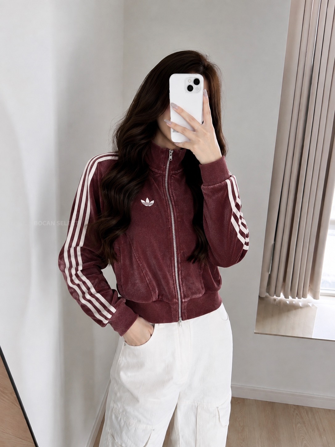 <今年必收酒紅色> ADIDAS ORIGINALS STREET W 復古三線 水洗酒紅 短版 立領 外套