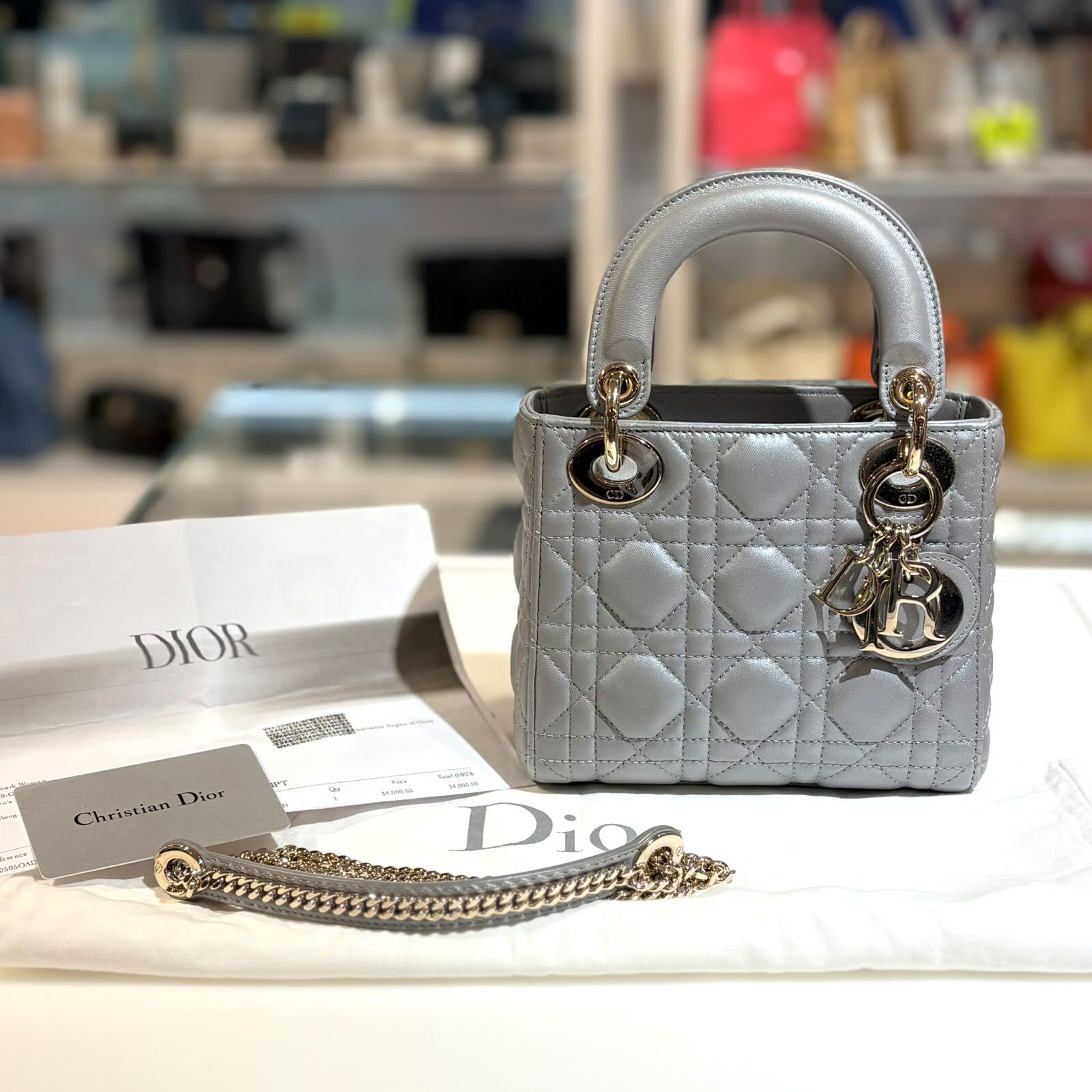 99%NEW二手LADY DIOR Mini Lady Dior Bag  三格銀灰小牛皮淡金扣小號 #迪奧 #香榭站正品