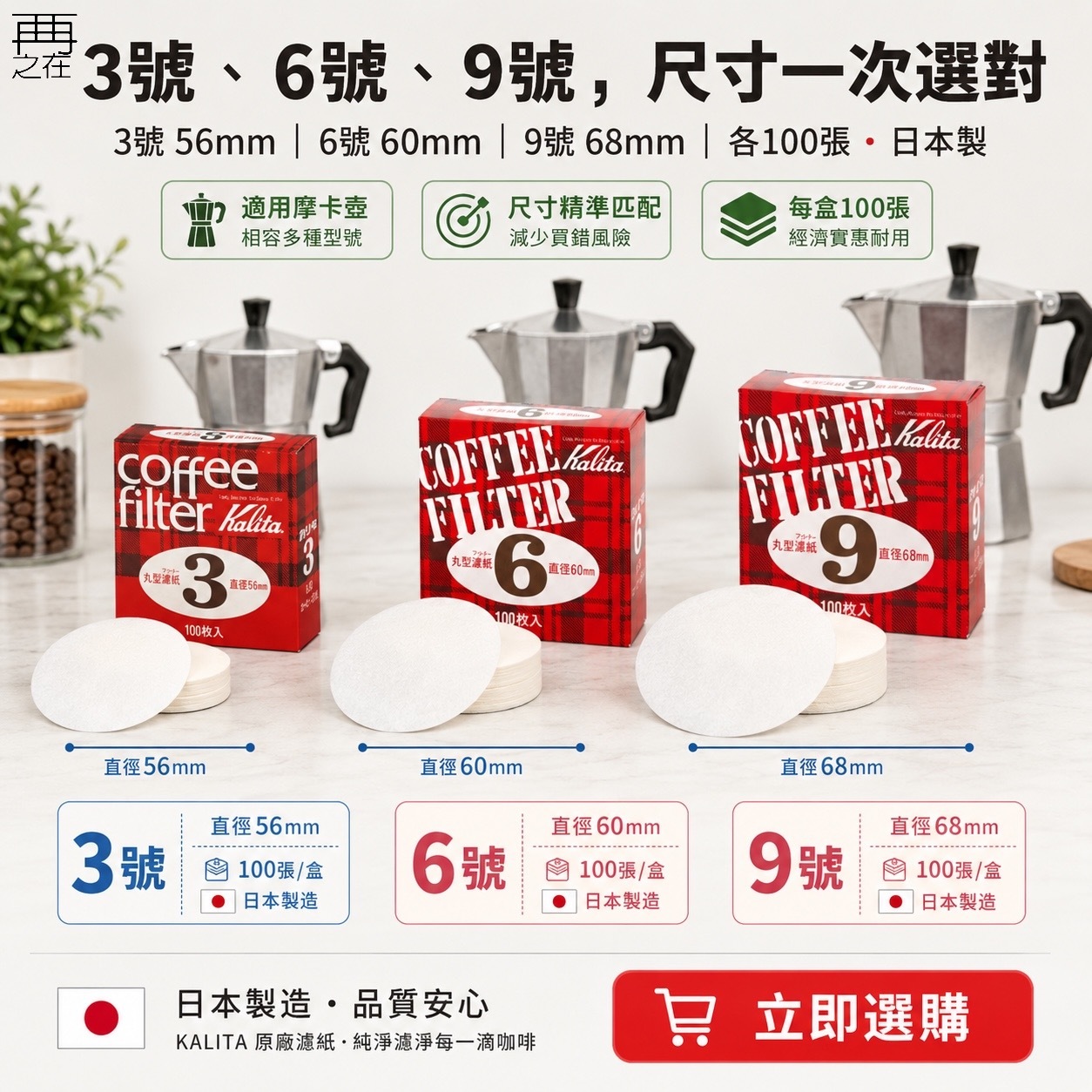 KALITA 3號/6號/9號 丸型濾紙100張 日本製造