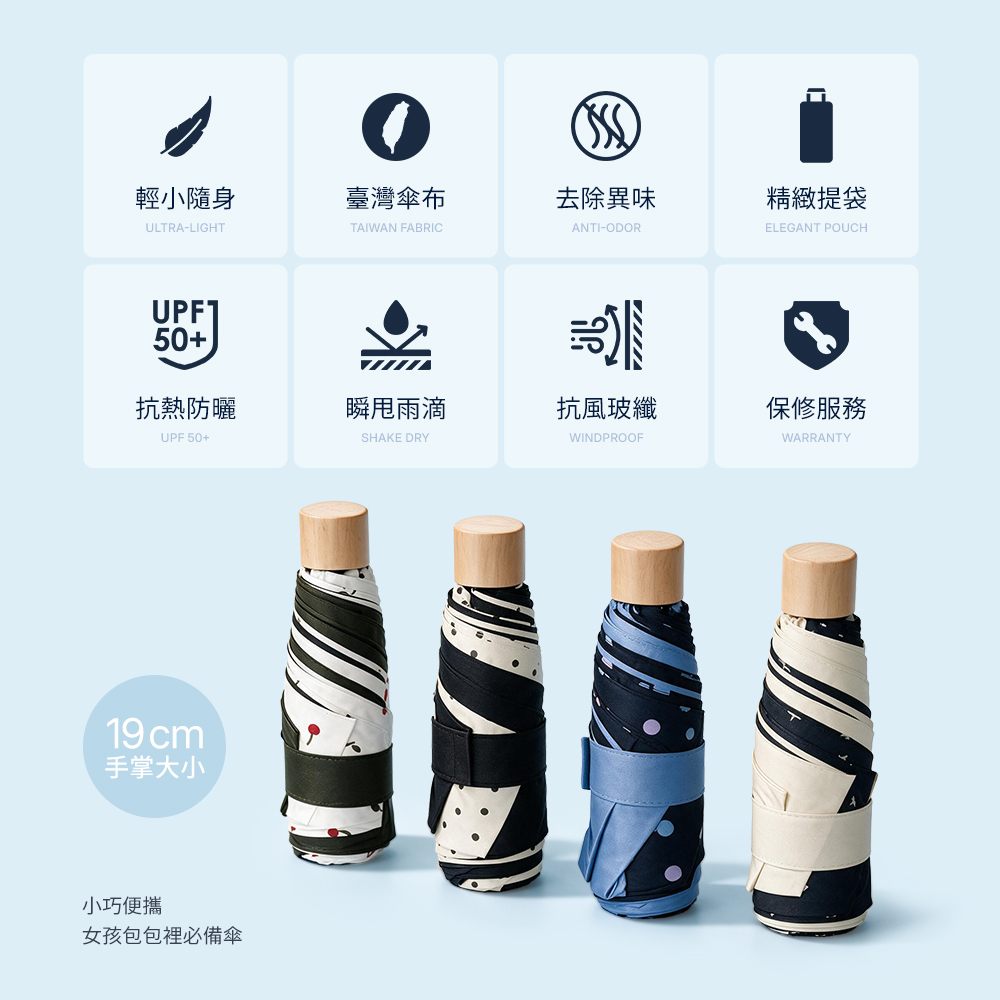 19cm手掌大小小巧便攜女孩包包裡必備傘 多功能傘款:輕小隨身 ULTRA-LIGHT、臺灣傘布 TAIWAN FABRIC、去除異味 ANTI-ODOR、精緻提袋 ELEGANT POUCH、UPF50+抗熱防曬、瞬甩雨滴 SHAKE DRY、抗風玻纖 WINDPROOF、保修服務 WARRANTY