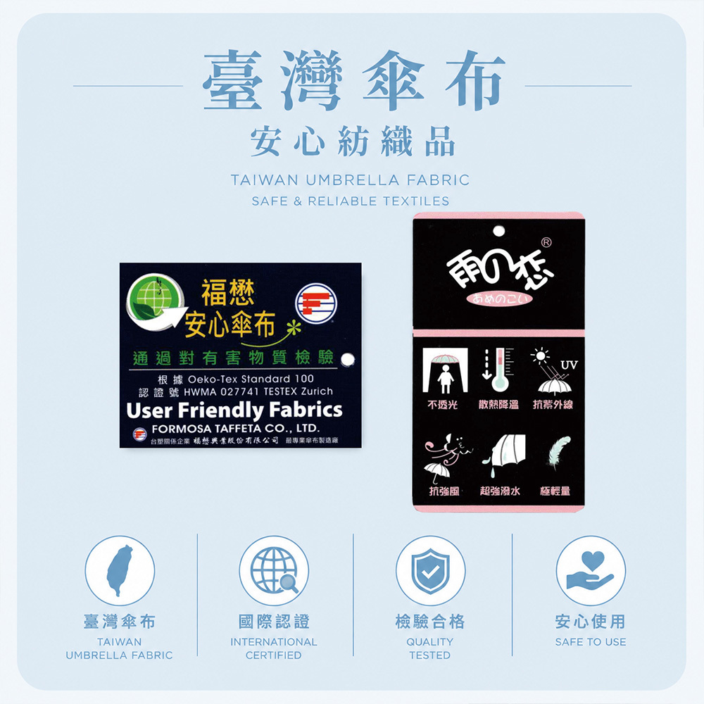 臺灣傘布安心紡織品 TAIWAN UMBRELLA FABRIC SAFE & RELIABLE TEXTILES:採用 台灣製 福懋安心傘布 通過對有害物質檢驗 Oeko-Tex Standard 100 認證 User Friendly Fabrics 不透光,散熱降溫’抗紫外線、抗強風、強潑水、極輕量, 通過國際認證,檢驗合格安心使用