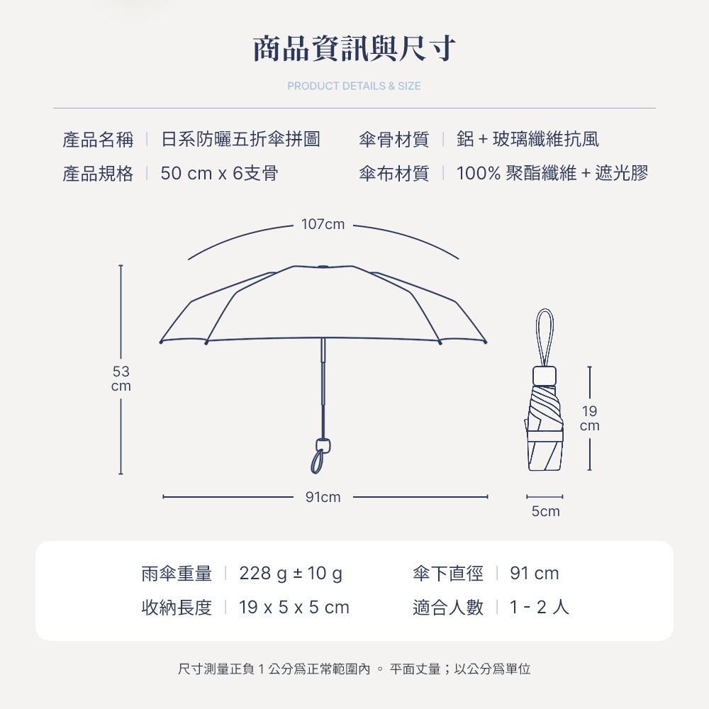 日系防曬迷你五折晴雨傘，商品資訊與詳細尺寸