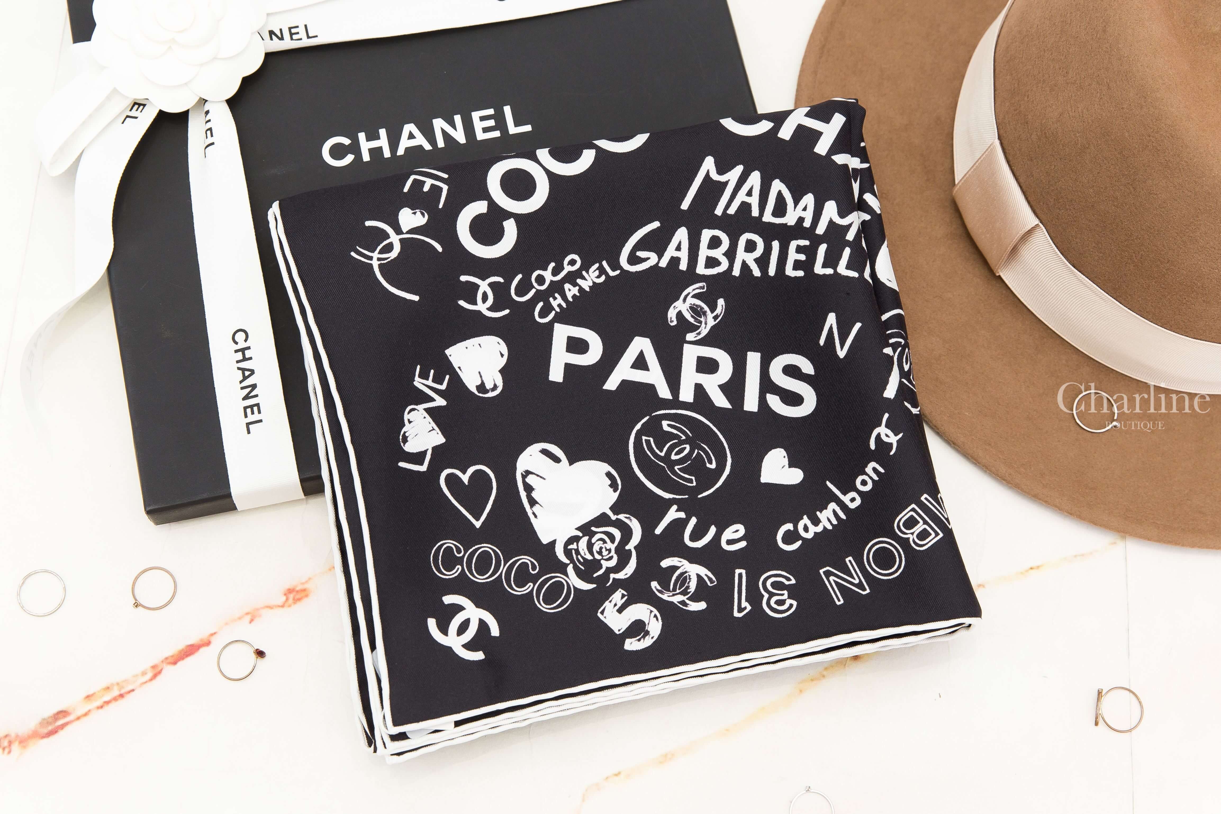 Chanel Square Scarf 黑底滿版白色手繪塗鴉字樣白色滾邊真絲方巾-Charline Boutique 精品代購