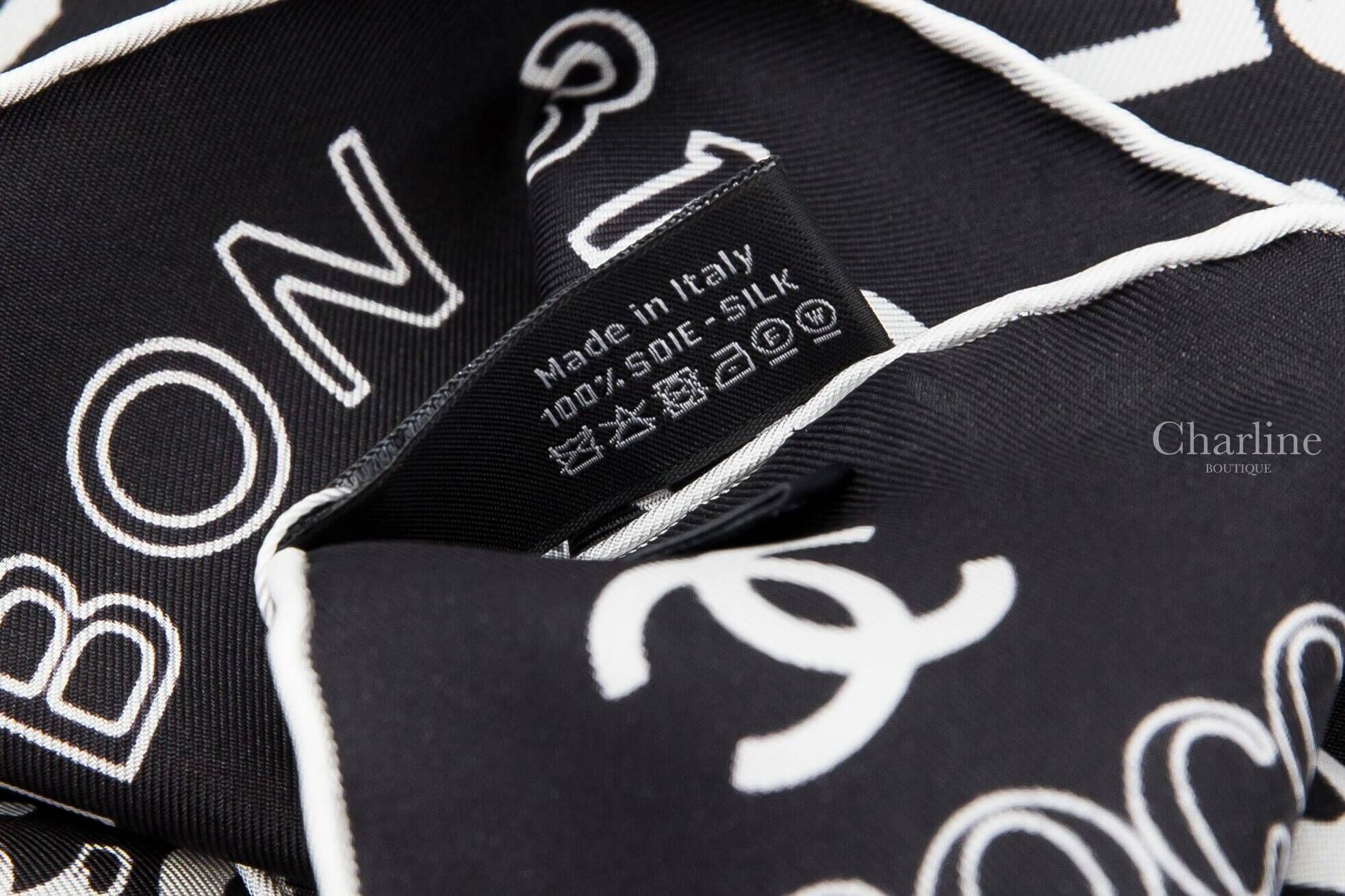 Chanel Square Scarf 黑底滿版白色手繪塗鴉字樣白色滾邊真絲方巾-Charline Boutique 精品代購