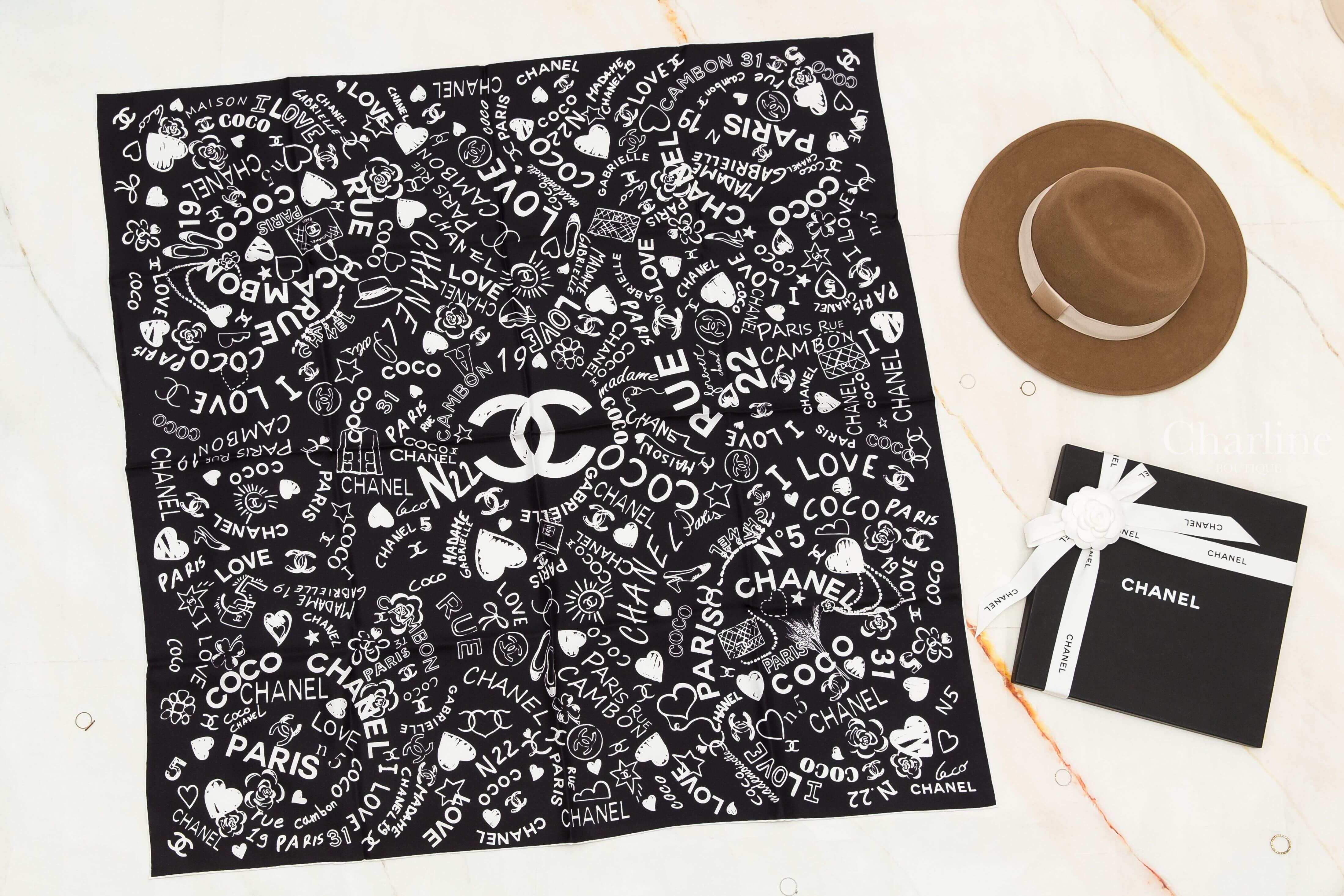Chanel Square Scarf 黑底滿版白色手繪塗鴉字樣白色滾邊真絲方巾-Charline Boutique 精品代購