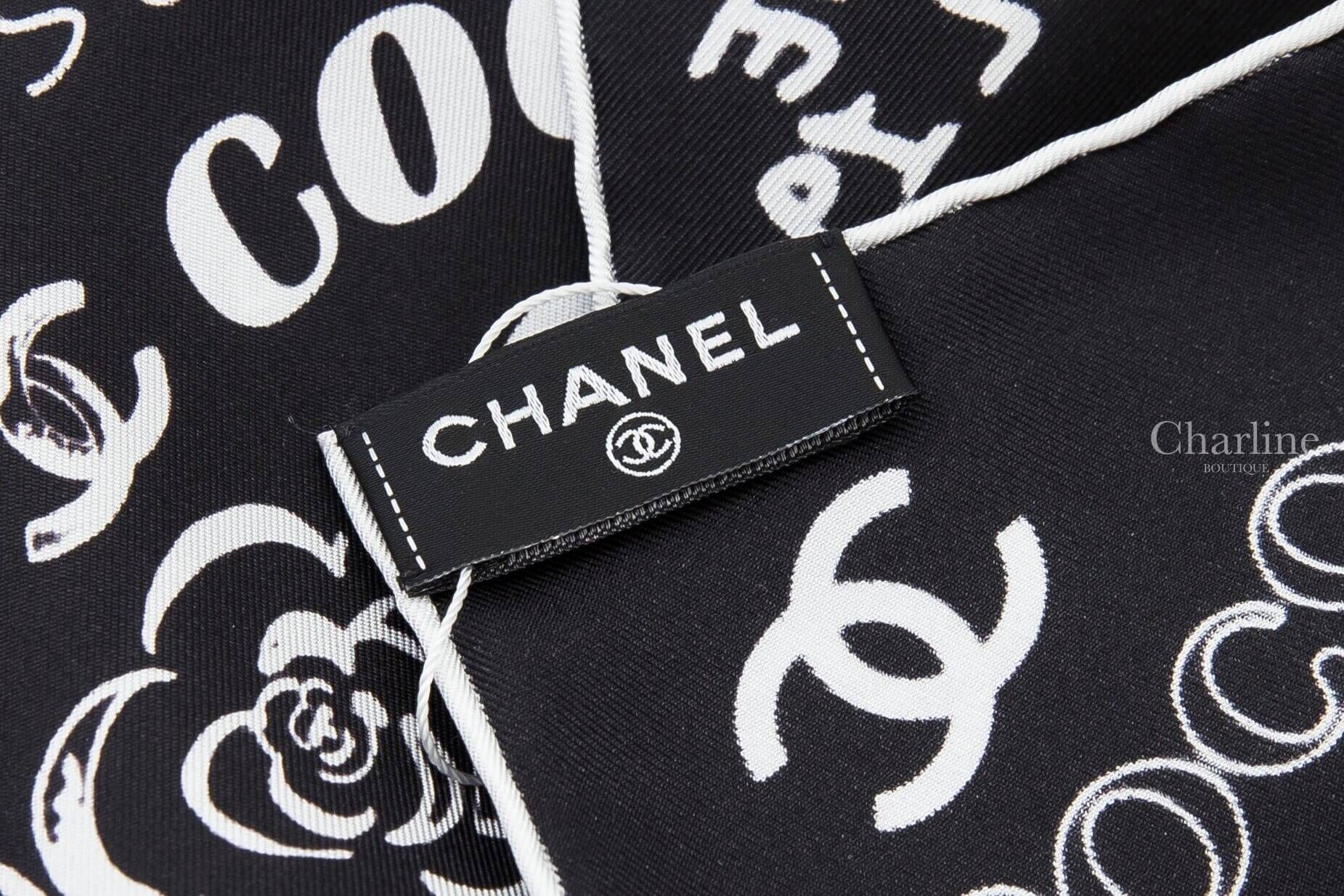 Chanel Square Scarf 黑底滿版白色手繪塗鴉字樣白色滾邊真絲方巾-Charline Boutique 精品代購