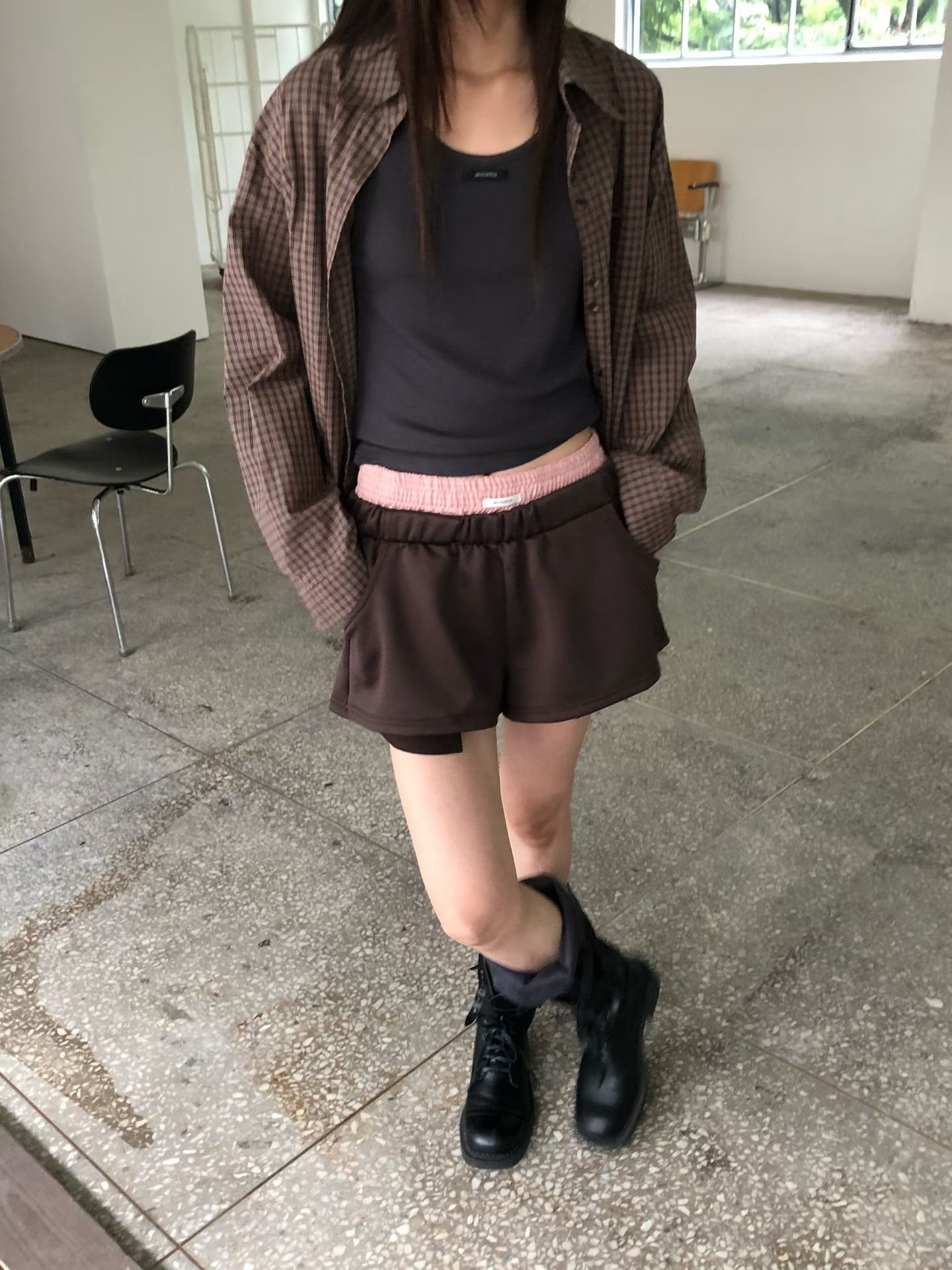 格子雙鬆緊短褲