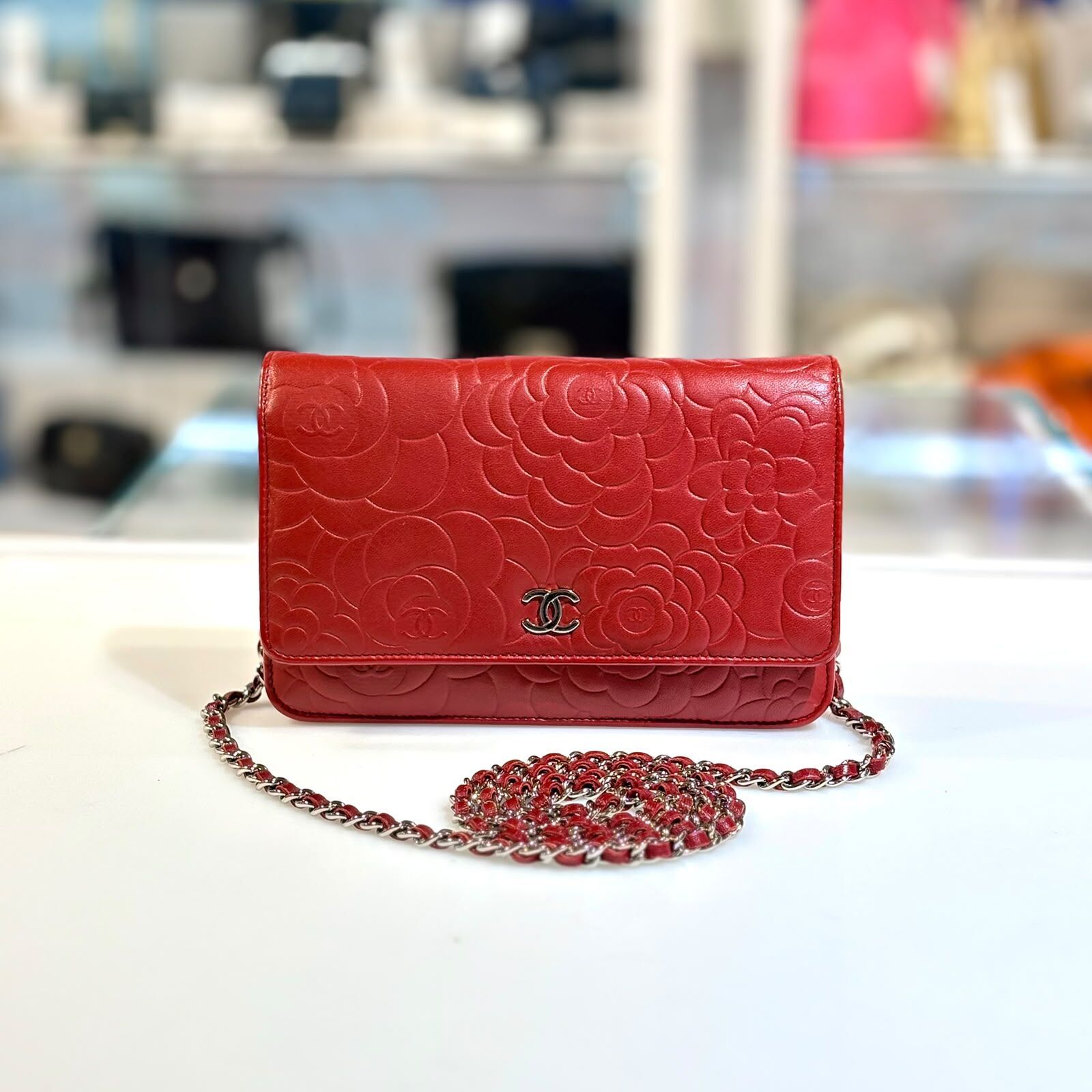 98%NEW二手CHANEL WOC A47421 紅色羊皮山茶花銀扣 #香榭站正品