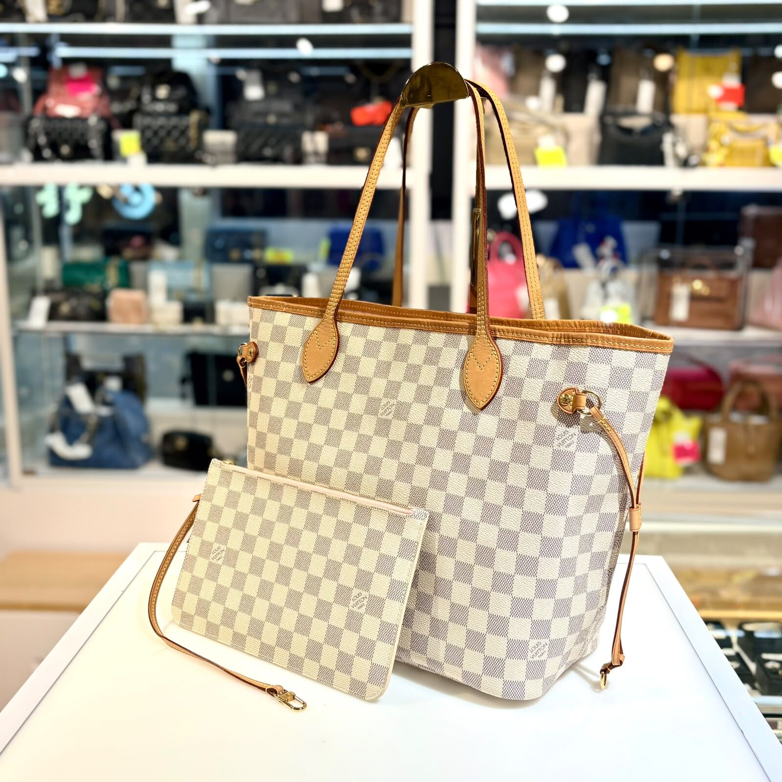 98%NEW二手LV NEVERFULL MM, N40604, 白色棋盤格帆布 #香榭站正品