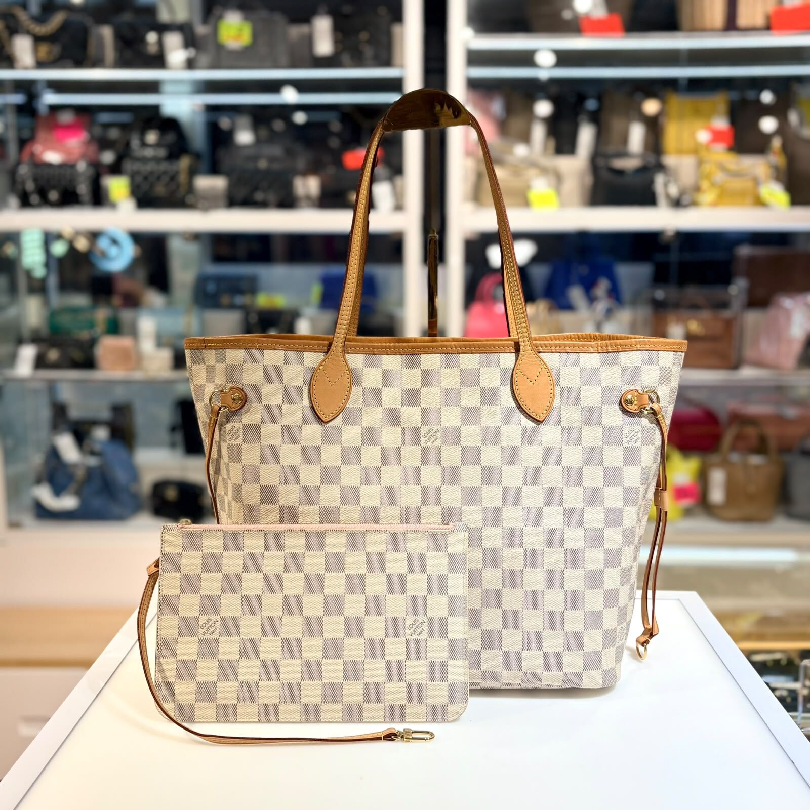 98%NEW二手LV NEVERFULL MM, N40604, 白色棋盤格帆布 #香榭站正品