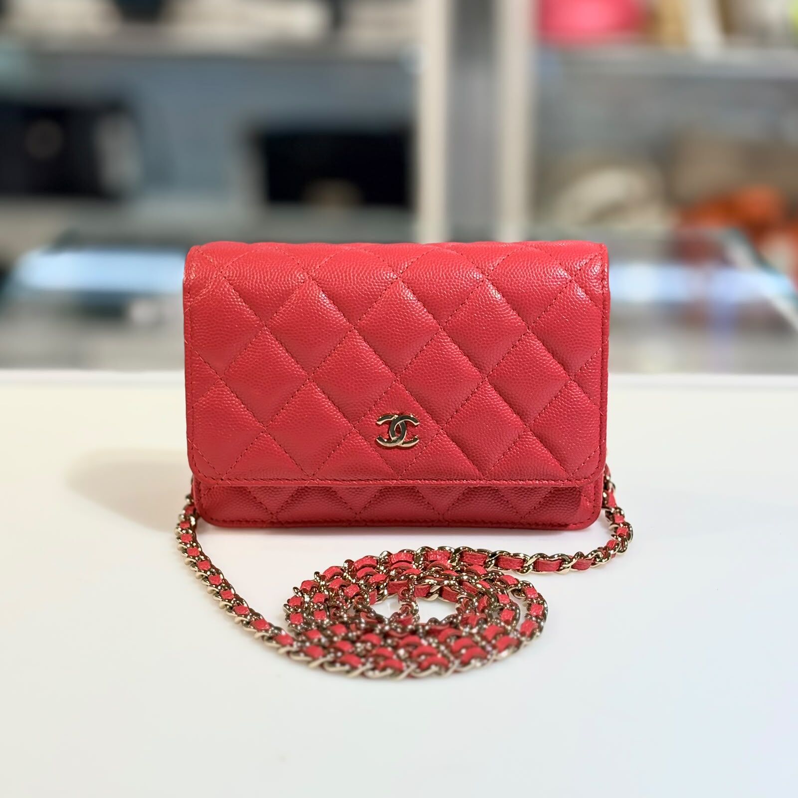 99%NEW二手CHANEL WOC MINI 珊瑚紅荔枝皮金扣15CM #香榭站正品
