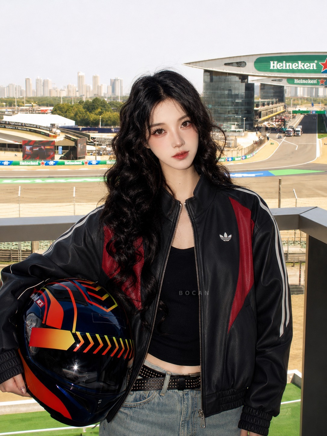 王鶴棣同款 ADIDAS ORIGINALS STREET 美式街頭 復古賽車風 皮革外套 二色