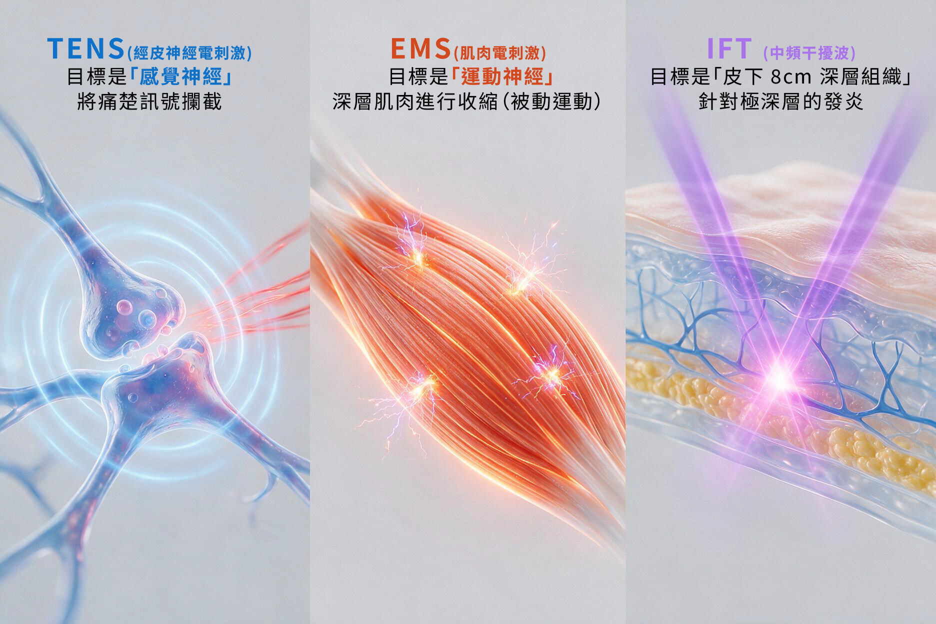 TENS止痛、EMS修身減肥與IFT深層干擾波作用深度物理治療圖解比較