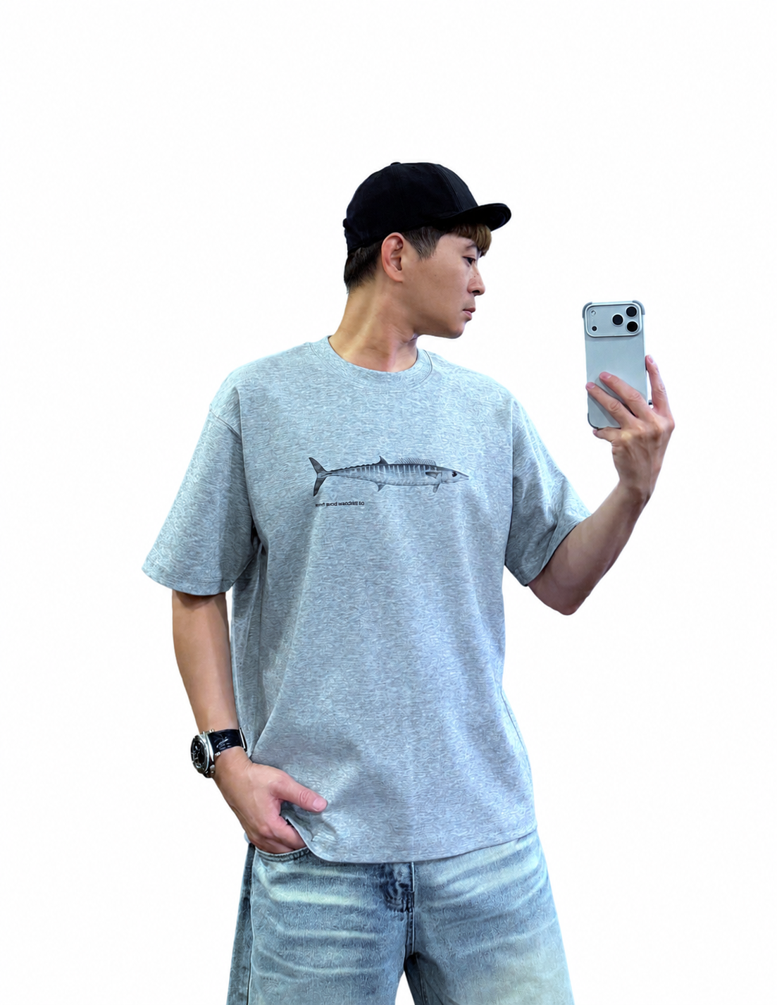 『新品上市』重磅寫實彩繪魚棉短T(NOF260562879)-淺灰