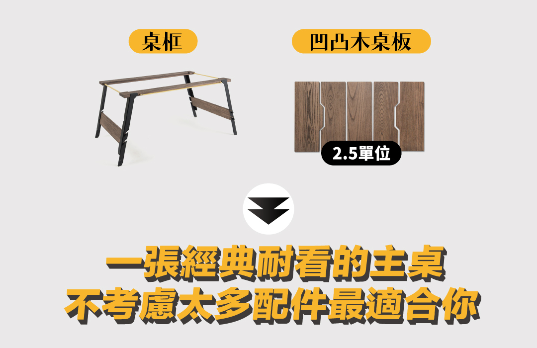 桌框＋凹凸木桌板組成一張經典耐看的主桌，適合不想煩惱配件的人