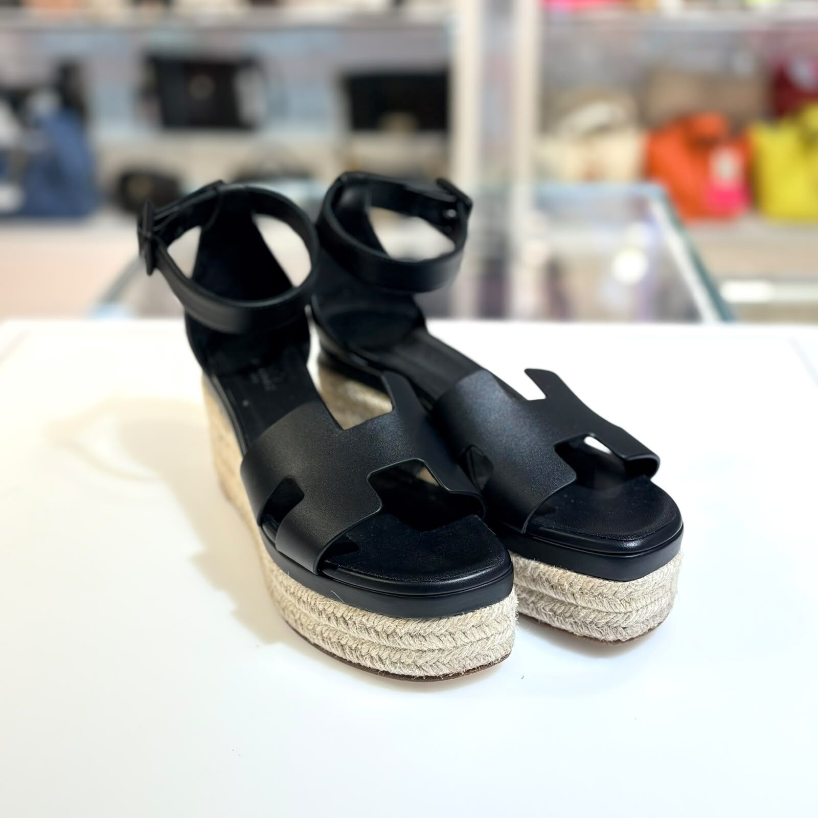 98%NEW二手HERMES厚底涼鞋, 38碼, Elda espadrille Shoes,  H231307Z, 02350, 黑色牛皮拼草編, #香榭站正品