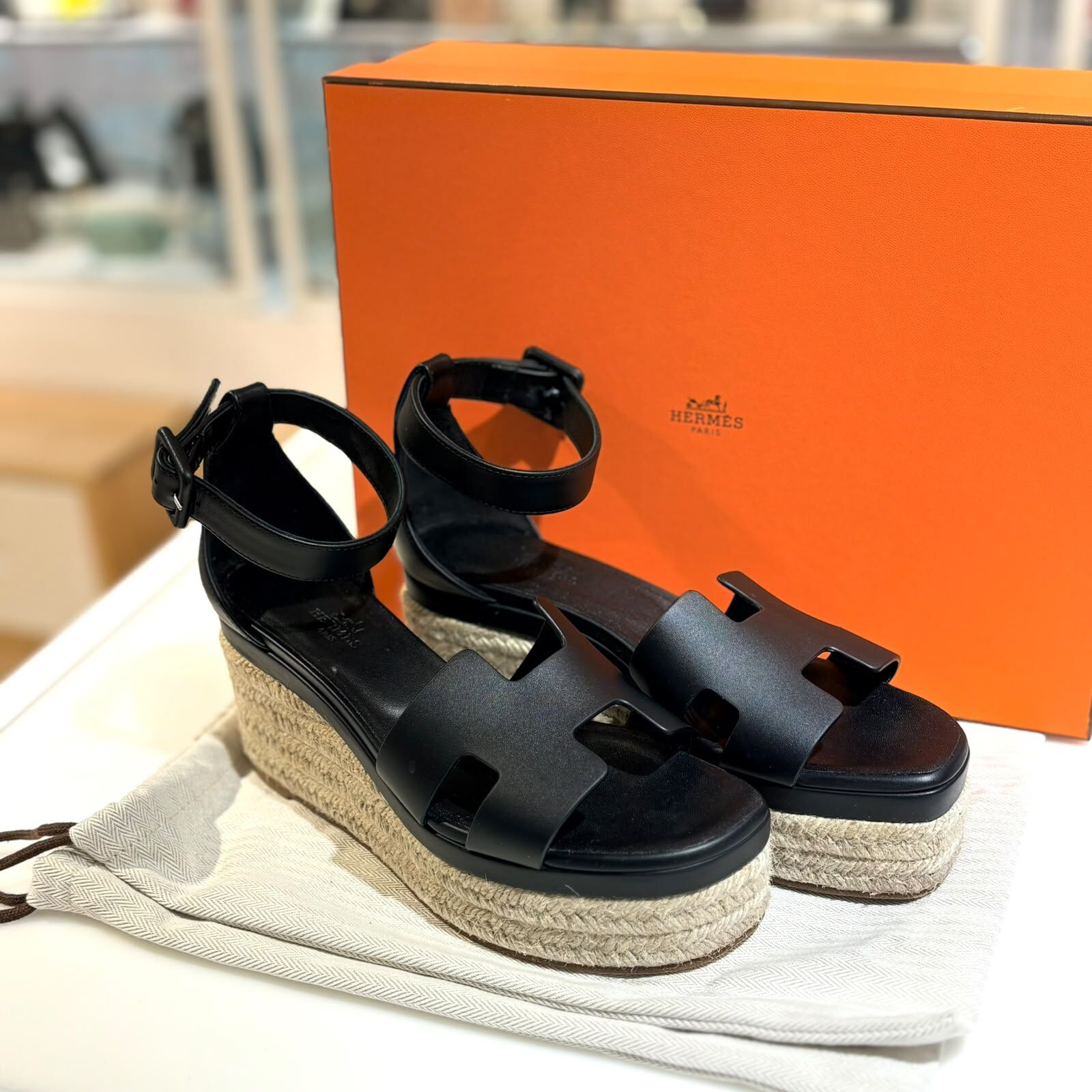 98%NEW二手HERMES厚底涼鞋, 38碼, Elda espadrille Shoes,  H231307Z, 02350, 黑色牛皮拼草編, #香榭站正品