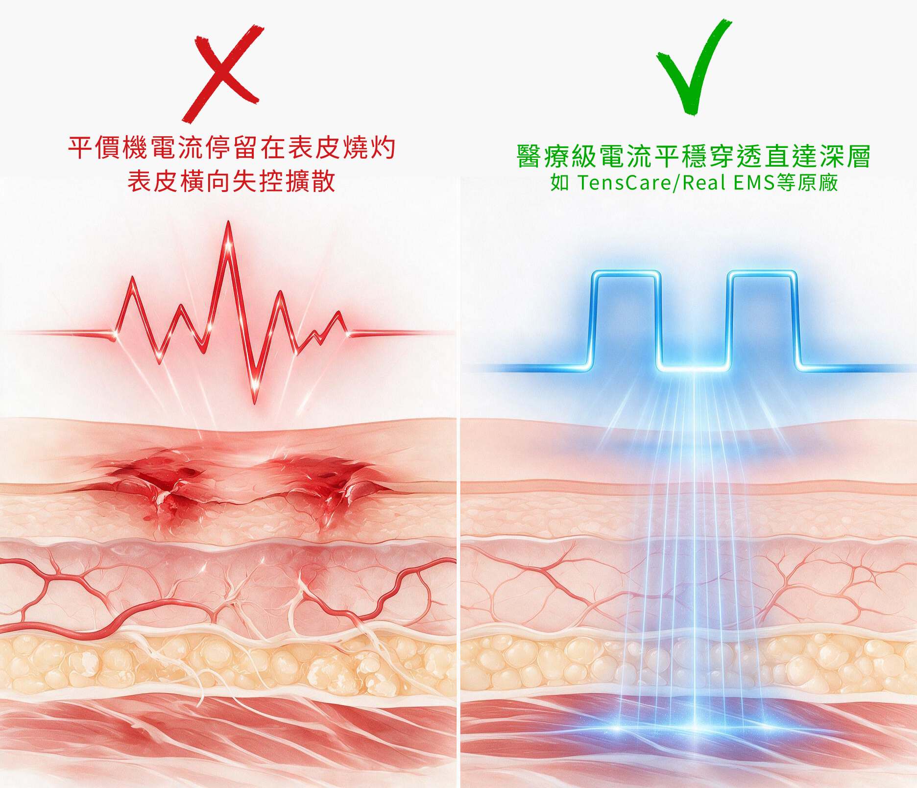 醫療級對稱方形波與淘寶平價電療機尖峰波波形比較:垂直深層導入與表皮刺痛差異