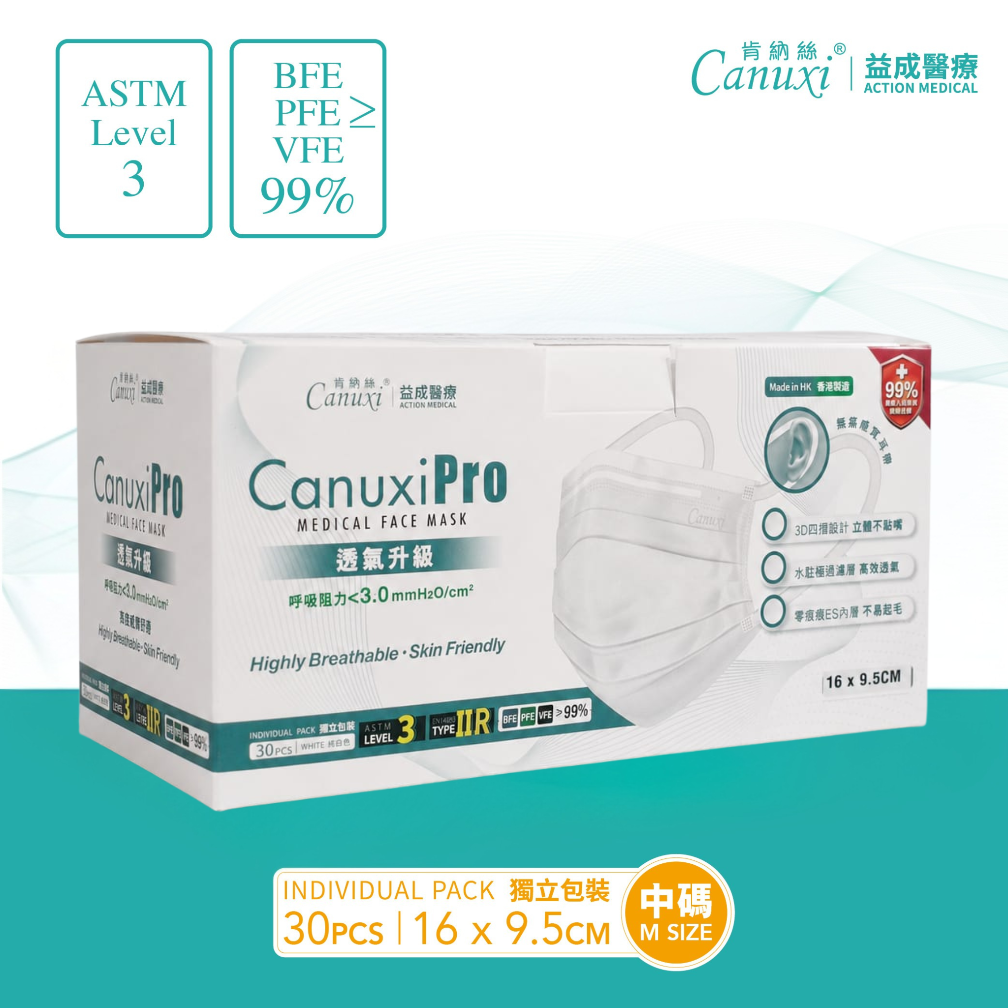 【中碼 160mm】香港製 - Canuxi Pro 高透氣 外科耳掛式口罩 ASTM Level 3 (獨立包裝)