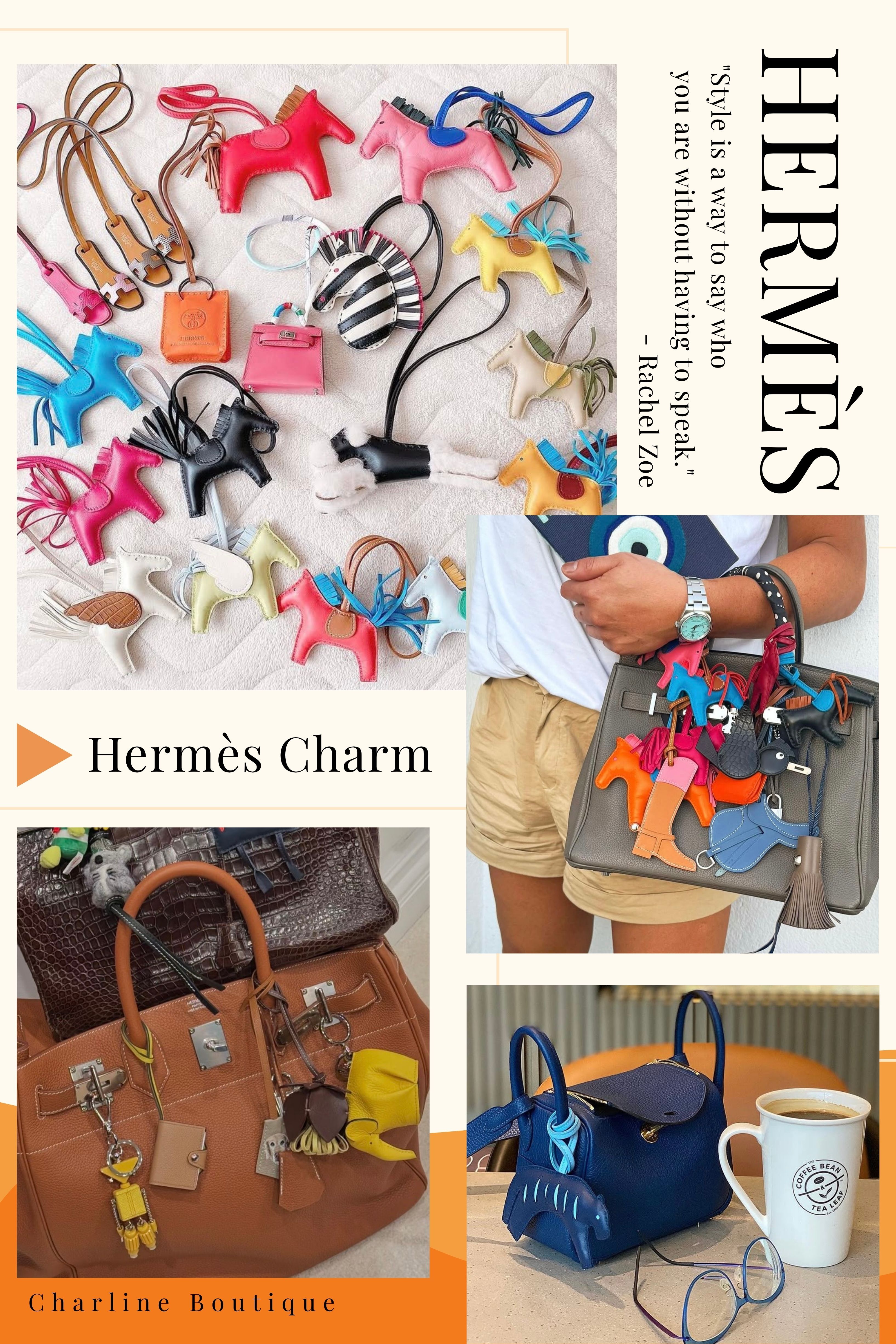 FAQ｜Hermès 吊飾常見 10 問  Q1：Hermès 吊飾有哪些款式？  A：Hermès 吊飾不只有 Rodeo 與 Rodeo Pegase，歷年還可以看到 Horse Charm、Rooroo 老虎、Geegee Savannah 斑馬、Birdy 小鳥、Accessoire Orange、Ulysse Nano、Budy、Paddock Boot、Oran Nano 等不同造型。部分款式屬於歷年或季節性設計，不一定會固定出現在目前的 Hermès 台灣官網。  Q2：第一次買 Hermès 吊飾推薦哪一款？  A：如果沒有特別偏好的動物或造型，可以先比較 Rodeo PM 與 Rodeo Pegase PM。Rodeo 比較低調、耐看；Pegase 多了一雙翅膀，視覺存在感會更明顯。如果您本來就不喜歡小馬，也不需要因為 Rodeo 經典就勉強購買，Birdy、Budy、Oran Nano 等款式一樣可以依自己的風格選擇。  Q3：Hermès Rodeo 和 Rodeo Pegase 有什麼差別？  A：最大的差別是 Rodeo Pegase 多了一雙翅膀。Rodeo PM 與 Rodeo Pegase PM 目前官方尺寸都約 9.7 × 7.8 × 1 cm，但 Pegase 多出的翅膀會增加橫向視覺份量，因此實際掛在包上通常比 Rodeo 更有存在感。希望低調可以先比較 Rodeo；喜歡拼色、希望吊飾更明顯，可以看看 Pegase。  Q4：Rodeo Pegase PM、MM 怎麼選？  A：Rodeo Pegase PM 約 9.7 × 7.8 × 1 cm，MM 約 12.7 × 10.5 × 1.5 cm。Birkin 25、Kelly 25、Picotin 18 等中小型包款，可以先比較 PM；Birkin 30、35、Kelly 28 以上等較大包款，再依希望吊飾有多少存在感，把 MM 一起納入選擇。這是 Charline Boutique 從包身比例出發的搭配參考，並非 Hermès 官方指定方式。  Q5：Birkin、Kelly、Picotin 適合什麼 Hermès 吊飾？  A：Birkin 25、Kelly 25 可以先比較 Rodeo PM、Pegase PM、Oran Nano 等比例較精巧的款式；Birkin 30 以上則可以把 Pegase MM、Budy、Birdy 等存在感較強的吊飾一起考慮。Picotin 本身比較休閒，從經典小馬到彩色動物款都很好發揮。比起固定包款公式，包面比例與您想呈現的風格更值得一起看。  Q6：Hermès 吊飾一定要跟包包同色嗎？  A：不用。同色比較低調，近似色會多一點層次，撞色則能讓吊飾成為造型亮點。挑多色 Rodeo Pegase、Birdy 等款式時，可以先確認吊飾裡至少有一個顏色能與包身呼應，再看其他顏色是不是自己平常真的會喜歡，不需要整隻吊飾和包包完全同色。  Q7：Rooroo、Geegee Savannah、Birdy 這些款式還值得找嗎？  A：如果真的喜歡造型，當然可以找。只是這類歷年或季節性款式現在不一定固定有貨，如果還指定顏色、版本，搜尋範圍會再縮小。小編比較不建議只因為「現在比較少見」就購買，因為稀有度和適不適合自己的包、穿搭是兩件不同的事。  Q8：Hermès 吊飾會刮傷 Birkin 或 Kelly 嗎？  A：正常使用不代表一定會刮傷，但吊飾長時間固定摩擦同一個位置，仍可能留下壓痕、髒污或使用痕跡。尤其淺色包要特別留意色移。Rodeo、Pegase 的 Milo 小羊皮本身很柔軟，平常避免碰水、油污與長時間重壓；包包長期收納時，建議把吊飾拆下分開保存。  Q9：Hermès 吊飾需要配貨嗎？  A：Rodeo、Pegase 等吊飾並非傳統認知中的 Birkin、Kelly 配額包，但這不代表指定款或指定配色隨時都有，也不代表所有市場在任何時間都不存在購買數量或品項限制。實際購買條件仍需依 Hermès 當下政策與庫存為準，指定尺寸、顏色與完整配色愈細，可選商品自然也會愈少。  Q10：不知道 Hermès 吊飾名稱，也可以請 Charline Boutique 找嗎？  A：可以。直接提供一張您的 Hermès 包包實拍＋一張想找的吊飾截圖即可。Charline Boutique 可以先協助辨認系列，再看尺寸比例與配色方向，最後確認實際貨況。即使只知道「有翅膀的小馬」、「斑馬吊飾」或「Hermès 小鞋子」，也可以直接從圖片開始。    延伸閱讀  Hermès Birkin 尺寸怎麼選？愛馬仕柏金包尺寸解析  Hermès Kelly 尺寸怎麼選？凱莉包系列尺寸介紹  Hermès Picotin 商品系列  Hermès 顏色購買指南  Hermès 18 Etoupe 大象灰完整指南  Hermès 37 Gold 金棕色的溫暖魅力  Charline Boutique Hermès Charm 商品分類