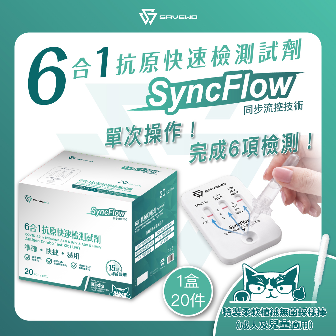 *一盒 20件* SAVEWO救世六合一抗原快速檢測劑（SyncFlow同步流控技術）( hMPV 人類偏肺病毒/ Covid-19 新型冠狀病毒 / Flu A 甲型流感 /Flu B ⼄型流感 / ADV 腺病毒  / RSV 呼吸道合胞病毒 )