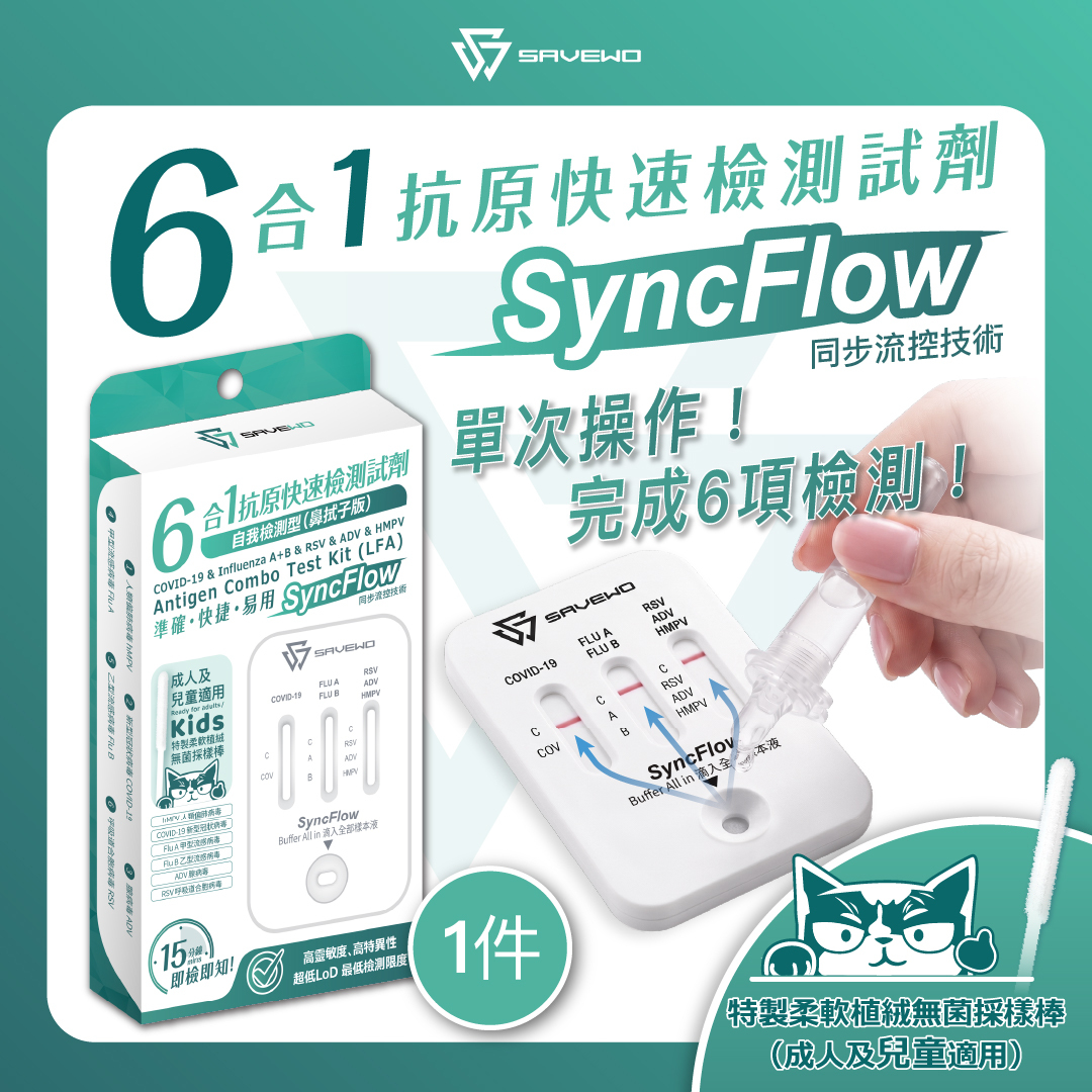 *1件裝* SAVEWO救世六合一抗原快速檢測劑（SyncFlow同步流控技術）( hMPV 人類偏肺病毒/ Covid-19 新型冠狀病毒 / Flu A 甲型流感 /Flu B ⼄型流感 / ADV 腺病毒  / RSV 呼吸道合胞病毒 )