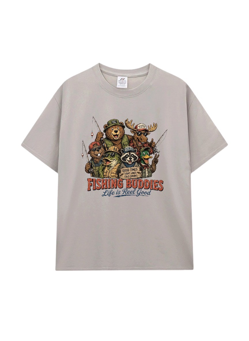 釣魚好朋友印花棉T★Fishing Buddies 美式戶外動物・復古寬鬆短袖T恤T