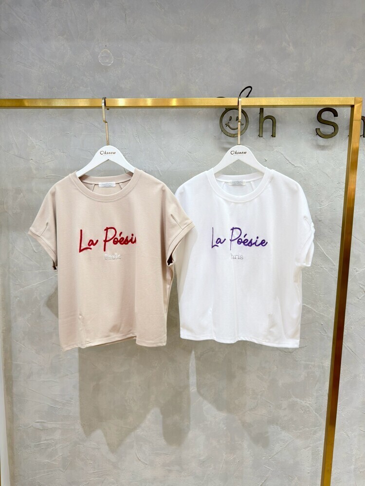 毛線+刺繡英字包袖上衣