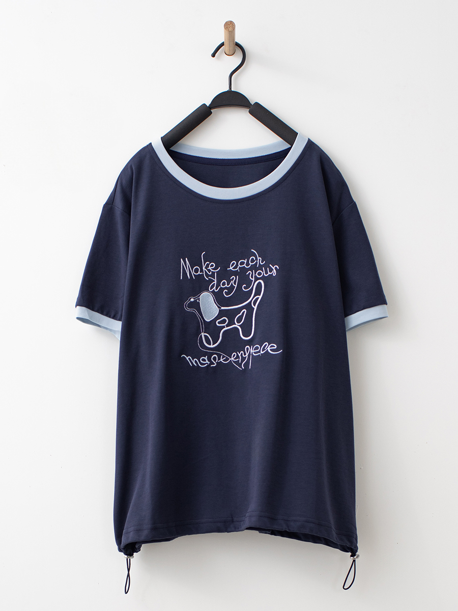 刺繡撞色寬鬆上衣水洗直紋牛仔寬褲組合