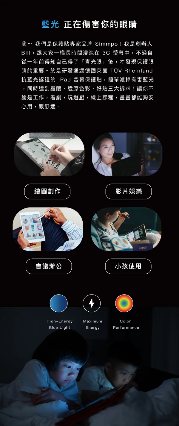 Simmpo 創辦人說明因罹患青光眼而研發抗藍光 iPad 保護貼的緣由,並列出繪圖創作、影片娛樂、會議辦公、小孩使用四種使用情境