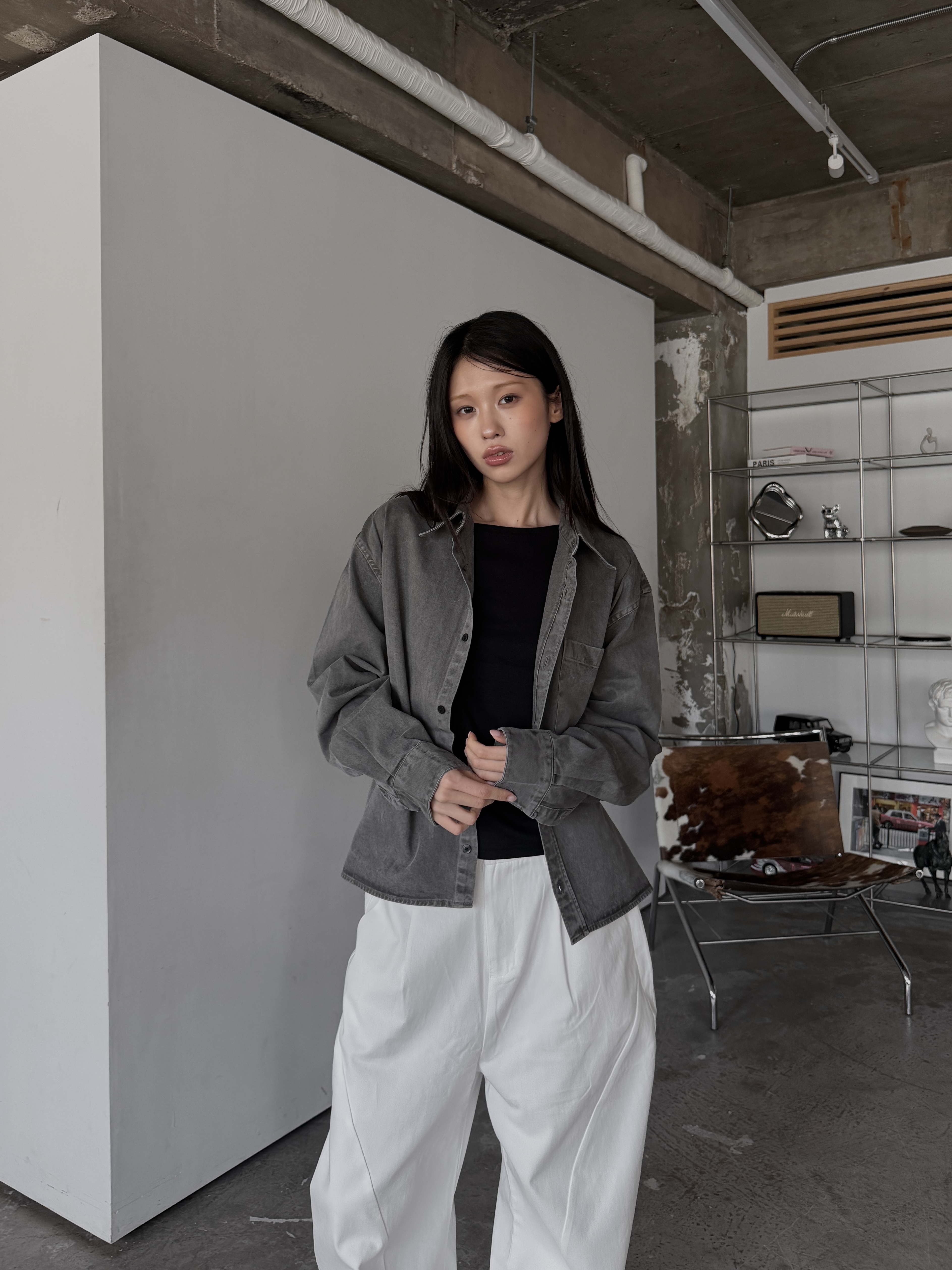 BOXY 洗舊寬短長袖襯衫