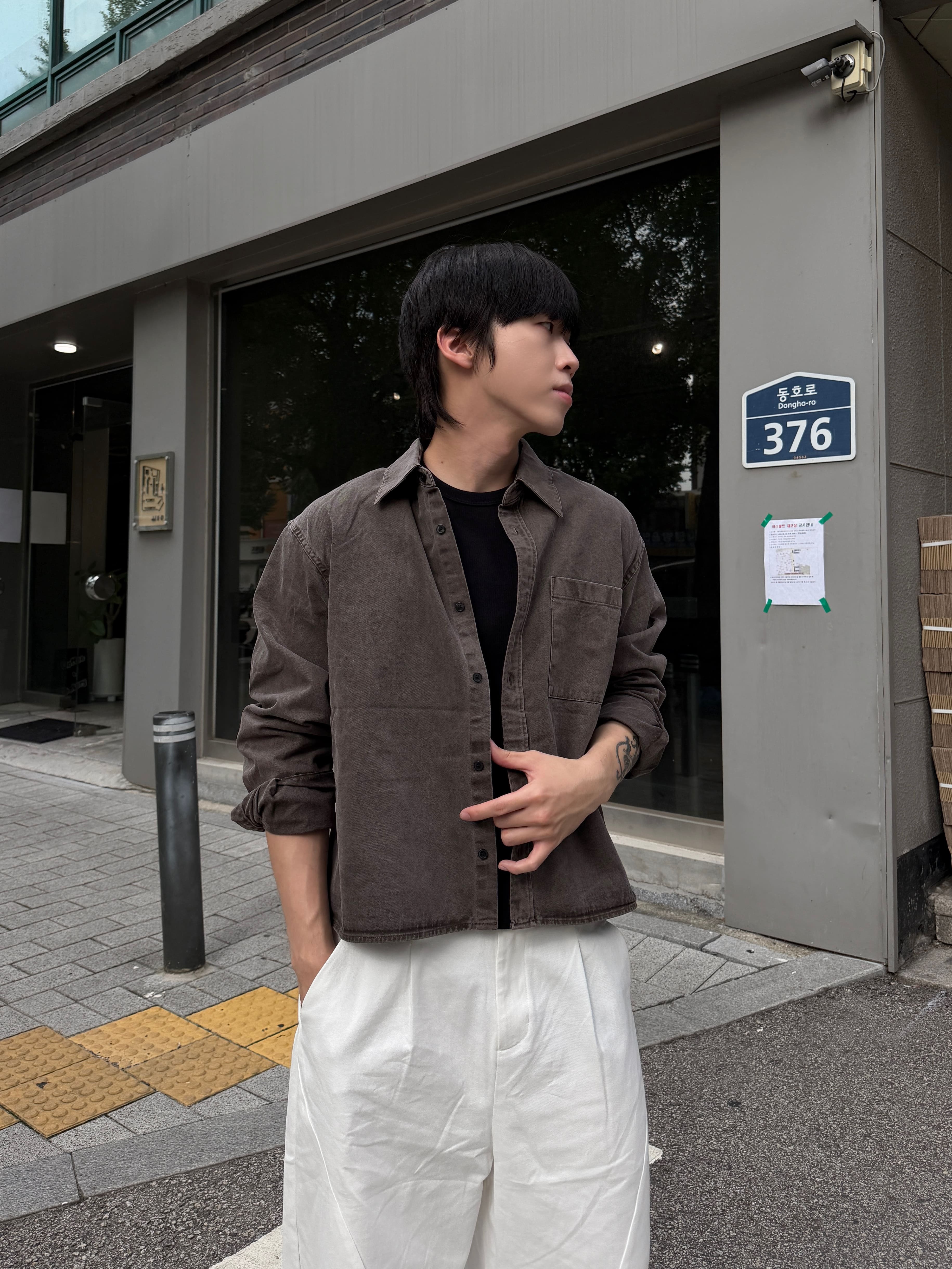 BOXY 洗舊寬短長袖襯衫