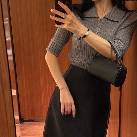 配色波浪車線滾邊螺紋排扣翻領上衣 / 3色