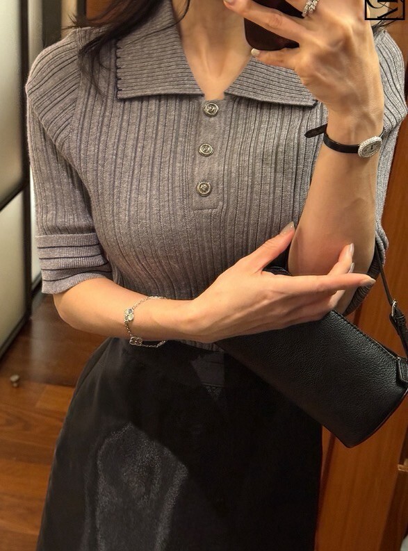 配色波浪車線滾邊螺紋排扣翻領上衣 / 3色