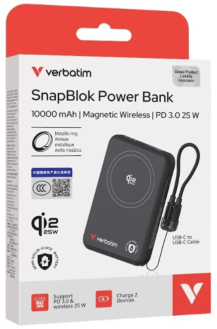 Verbatim 威寶 SnapBlok 10000mAh Qi2.2 半固態電池 25W 磁吸無線行動電源 (67069/67070)