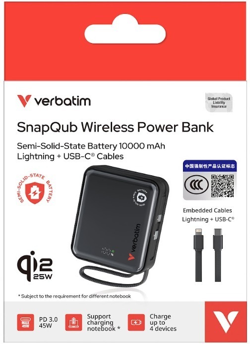 Verbatim 威寶 SnapQub 10000mAh Qi2.2 半固態電池 45W 內置雙線磁吸行動電源 (30270/30271)