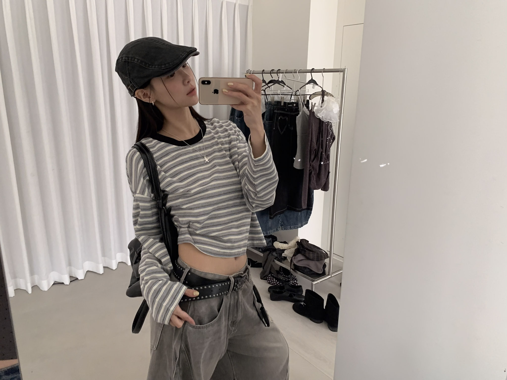 ISA_摩斯密碼 圓領撞色條紋寬袖短版上衣_68009